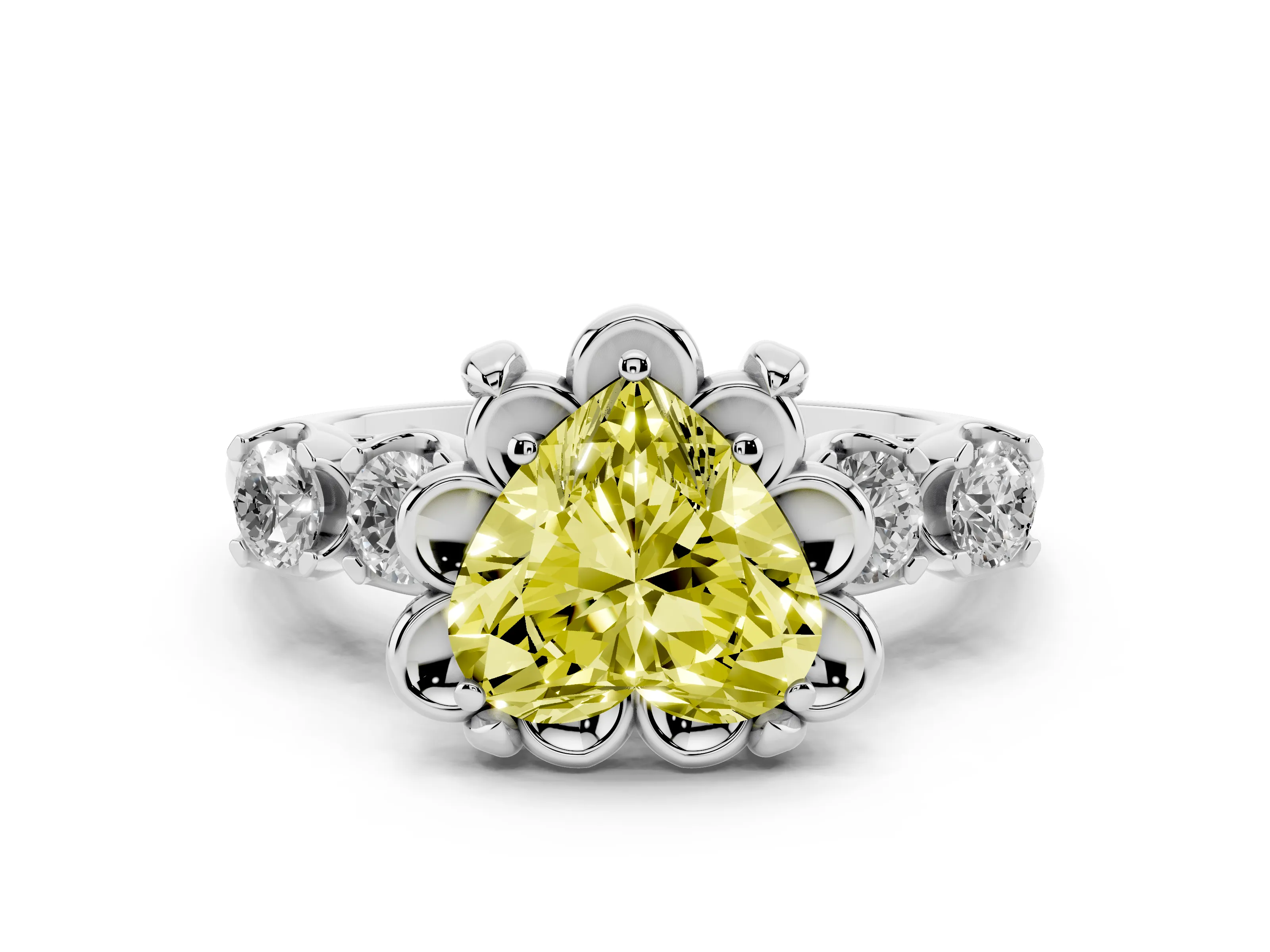 Fancy Yellow Heart Cut Diamond Floral Halo Ring Set in Silver with Shared Prong Band