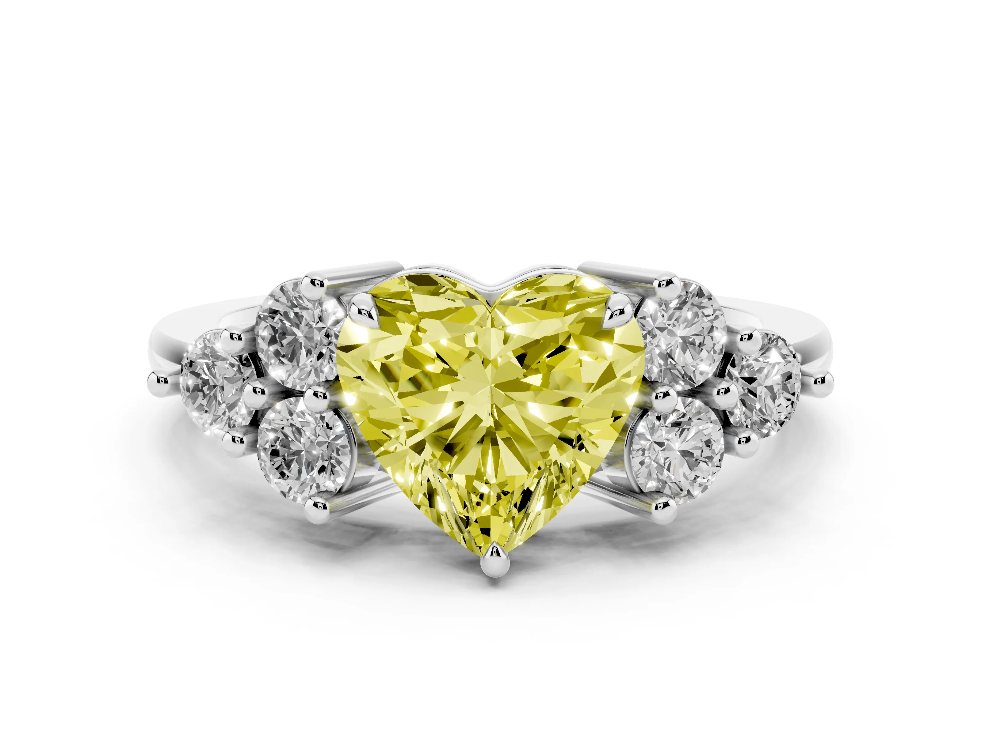 Fancy Yellow Heart Cut Diamond Solitaire Ring Set in Platinum with Cluster Accents on Each Side