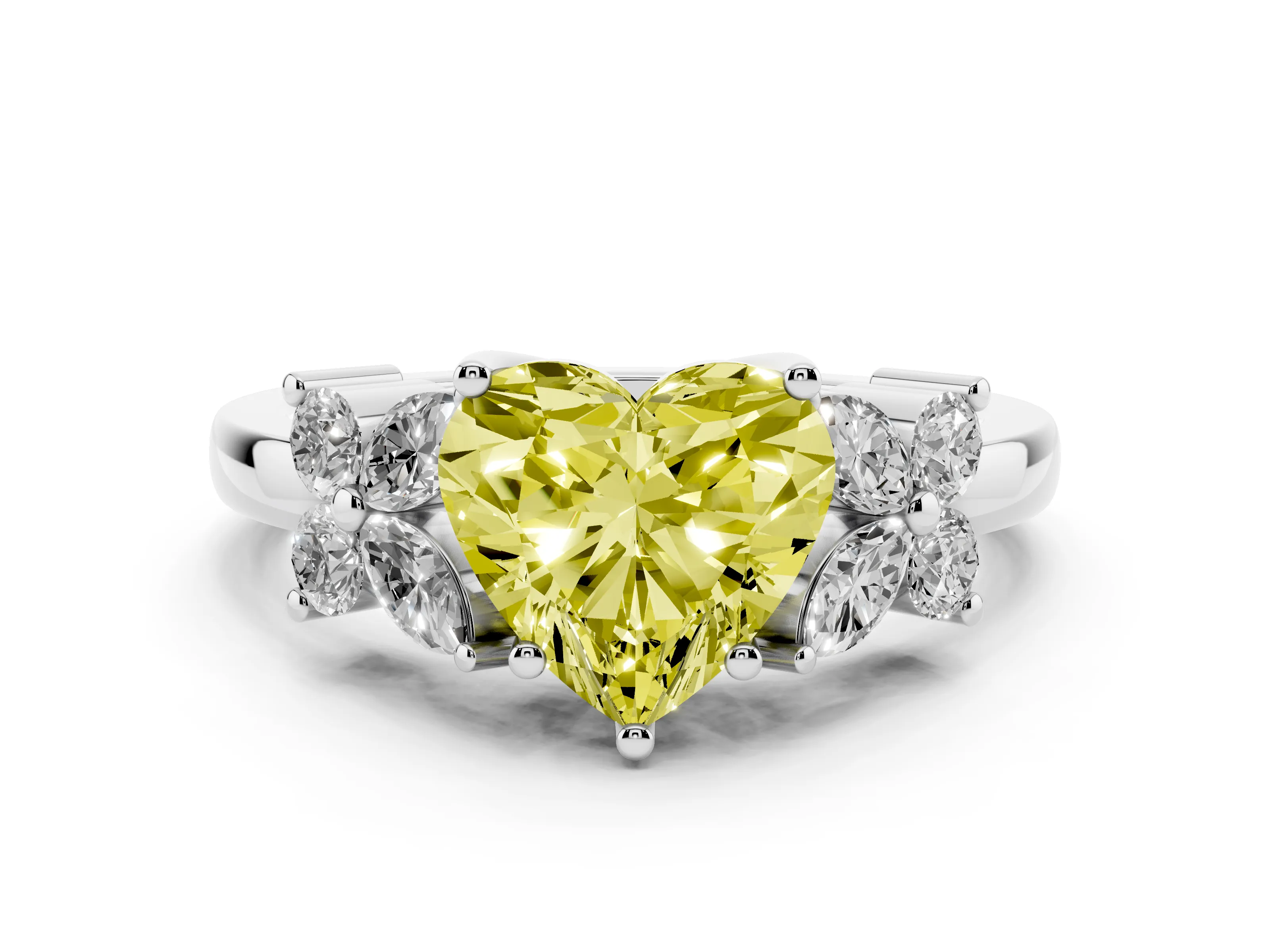 Fancy Yellow Heart Cut Diamond Floral Cluster Ring Set in Platinum with Marquise Petals and Prong Setting