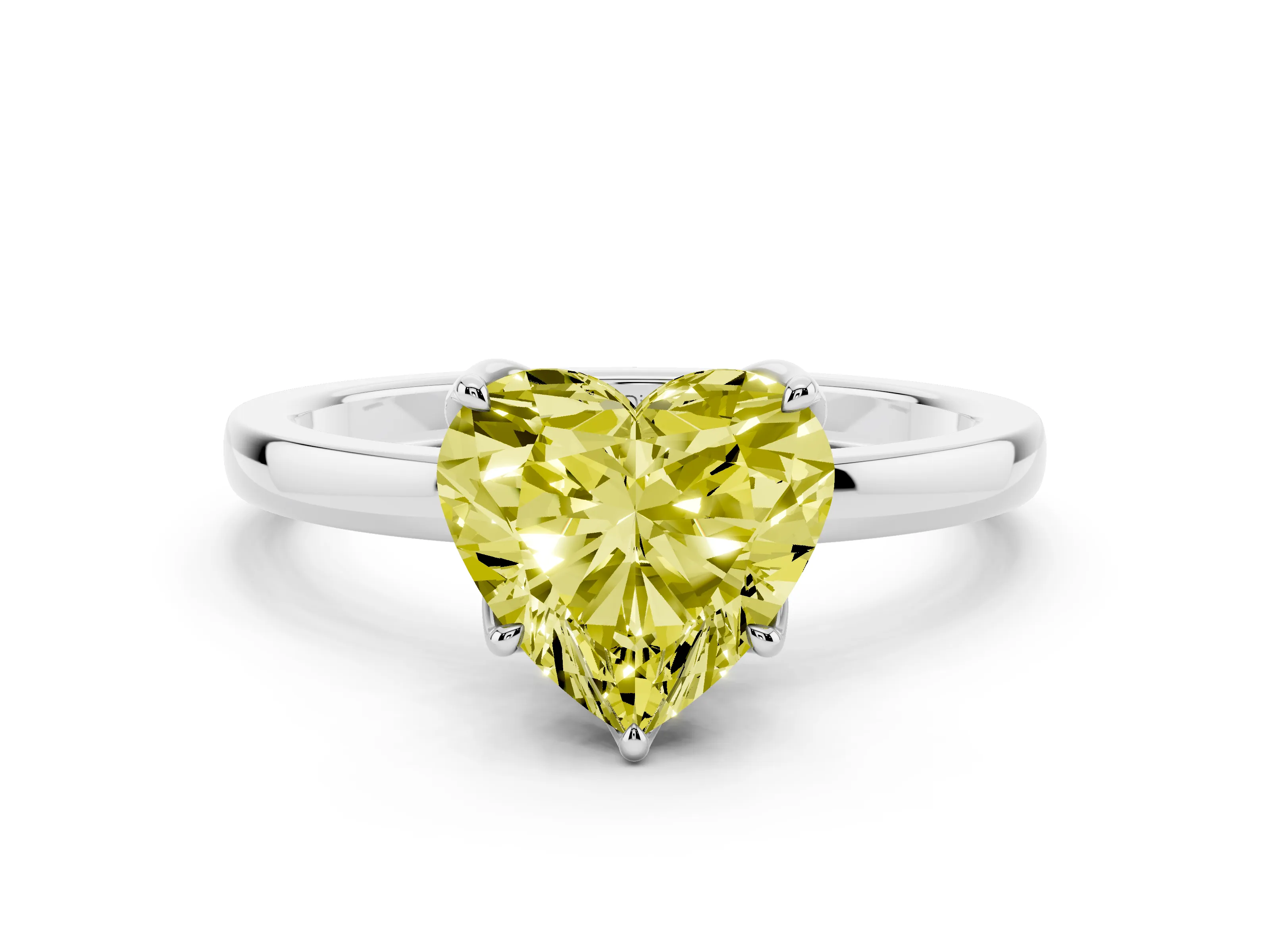 Fancy Yellow Heart Cut Diamond Solitaire Ring Set in White gold with Prong Setting and Thin Polished Band