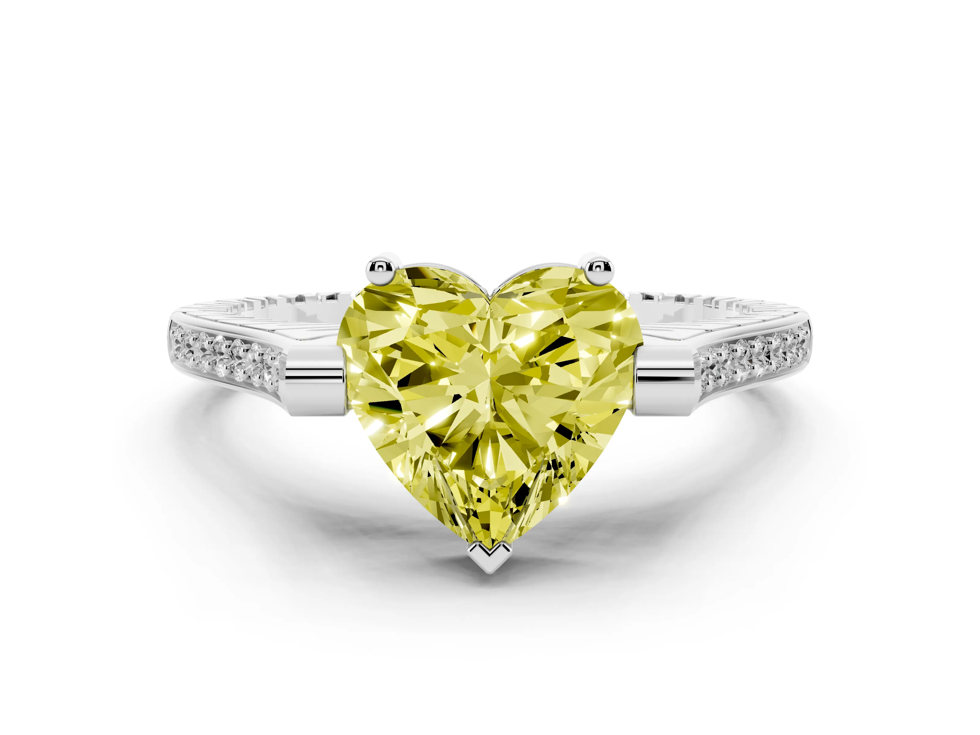 Fancy Yellow Heart Cut Diamond Solitaire Ring Set in Platinum with Channel Set Band and Bezel Prong Setting