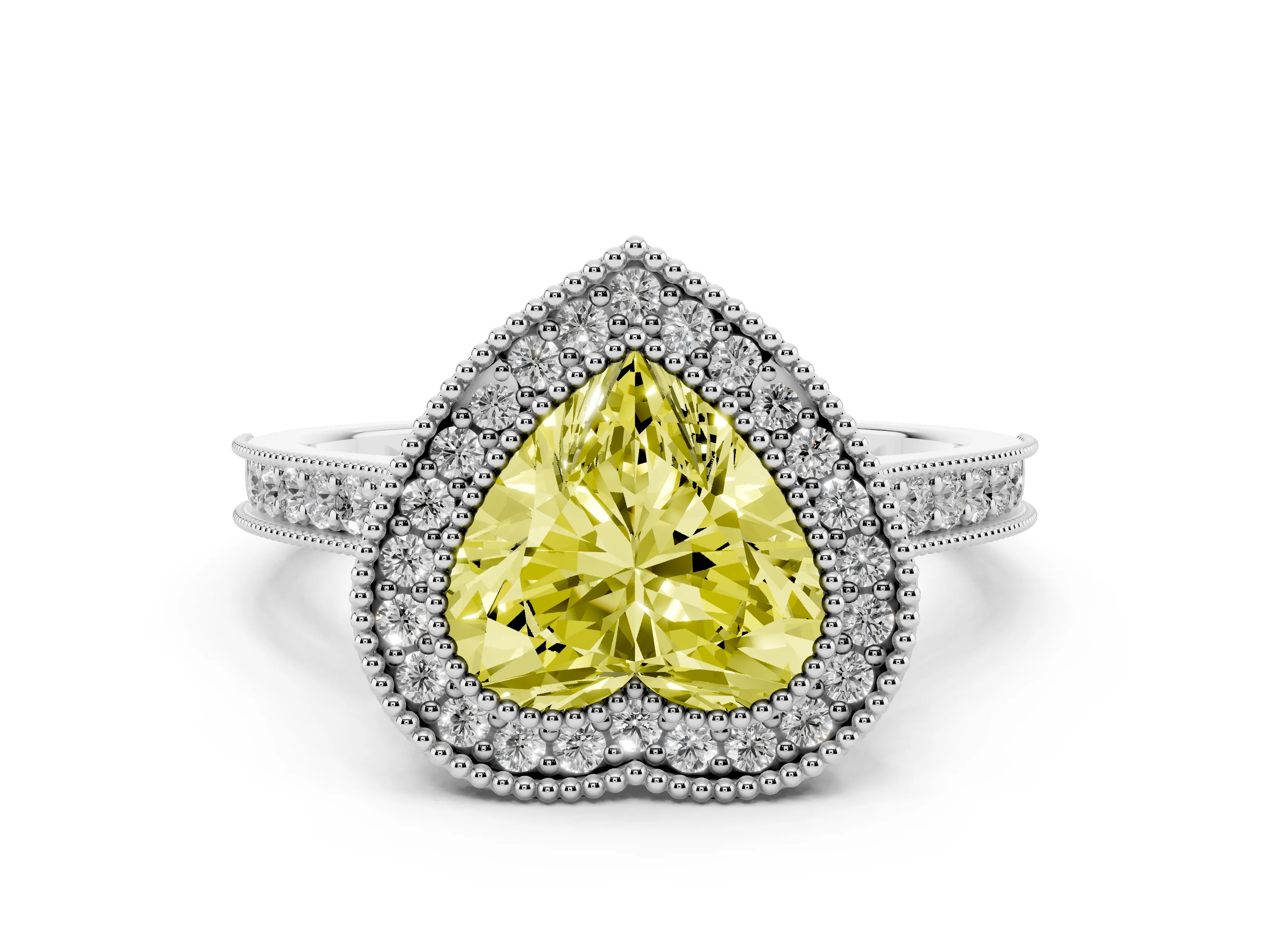 Fancy Yellow Heart Cut Diamond Halo Milgrain Pavé Band Ring Set in Platinum with Prong Setting