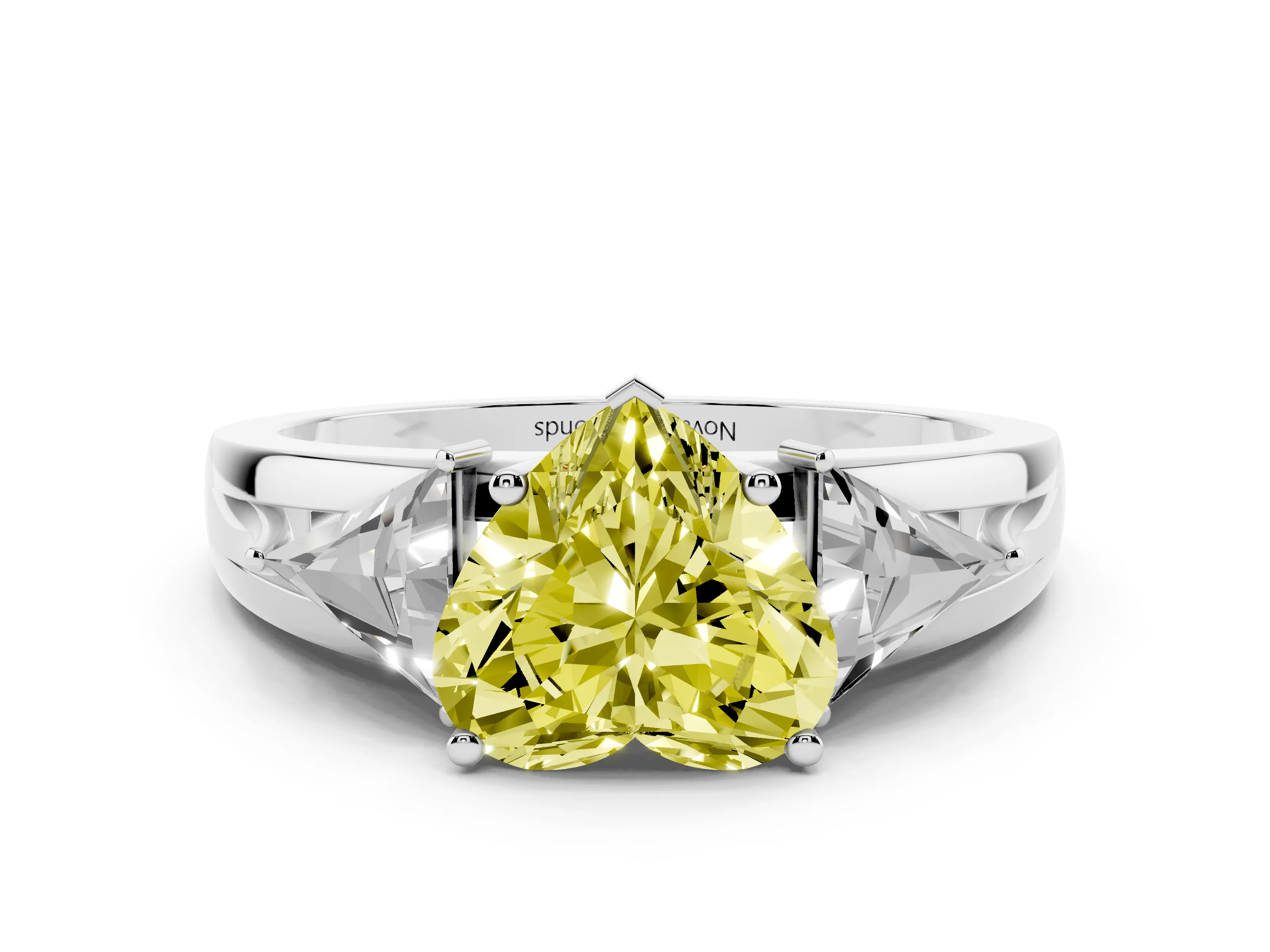Fancy Yellow Heart Cut Diamond Three-Stone Ring Set in Platinum with Trillion Side Stones and Split Shank
