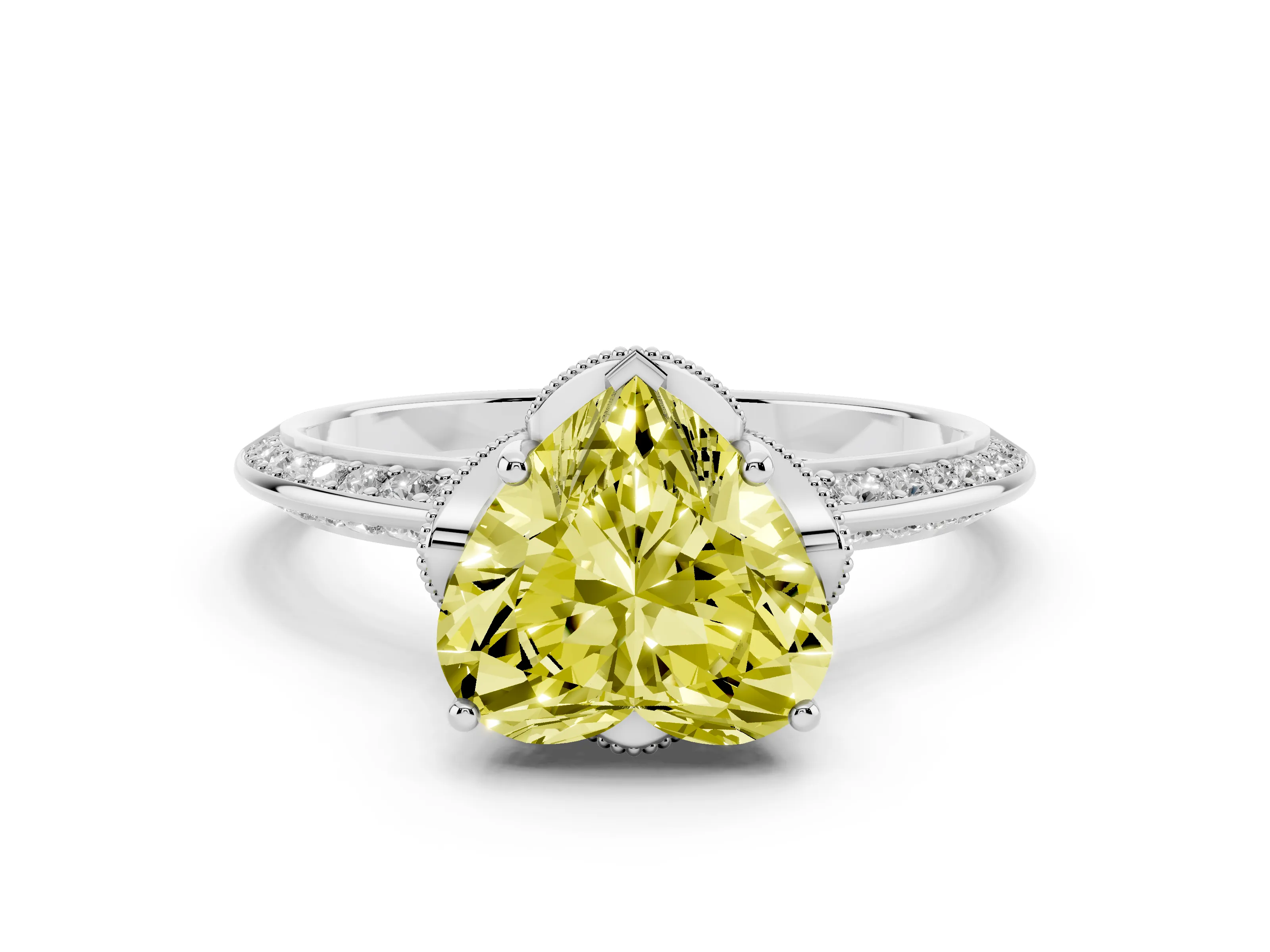 Fancy Yellow Heart Cut Diamond Solitaire Engagement Ring Set in White gold with Pavé Split Shank and Prong Setting