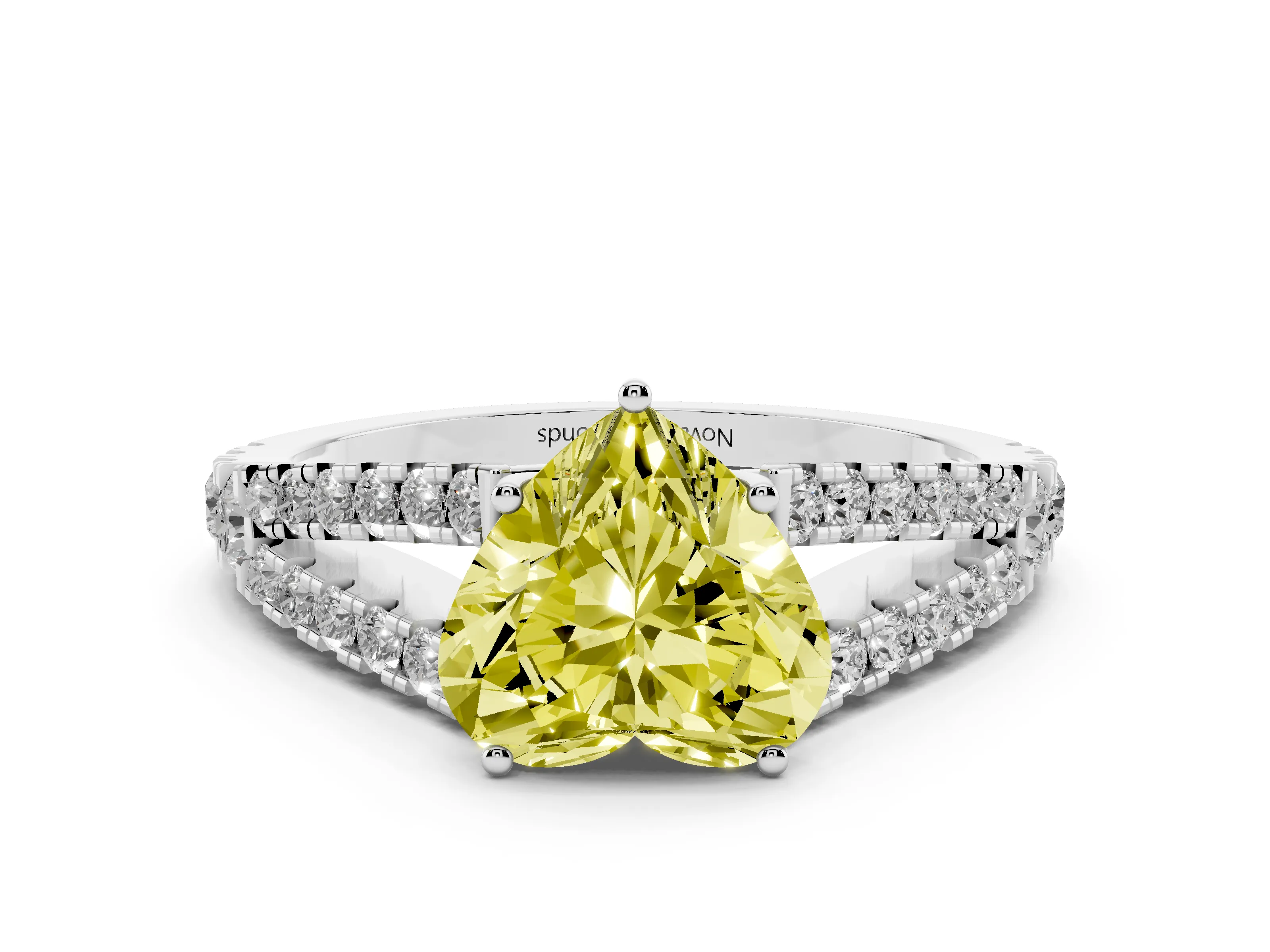 Fancy Yellow Heart Cut Diamond Split Shank Pavé Engagement Ring Set in Platinum with Prong-Held Center Stone