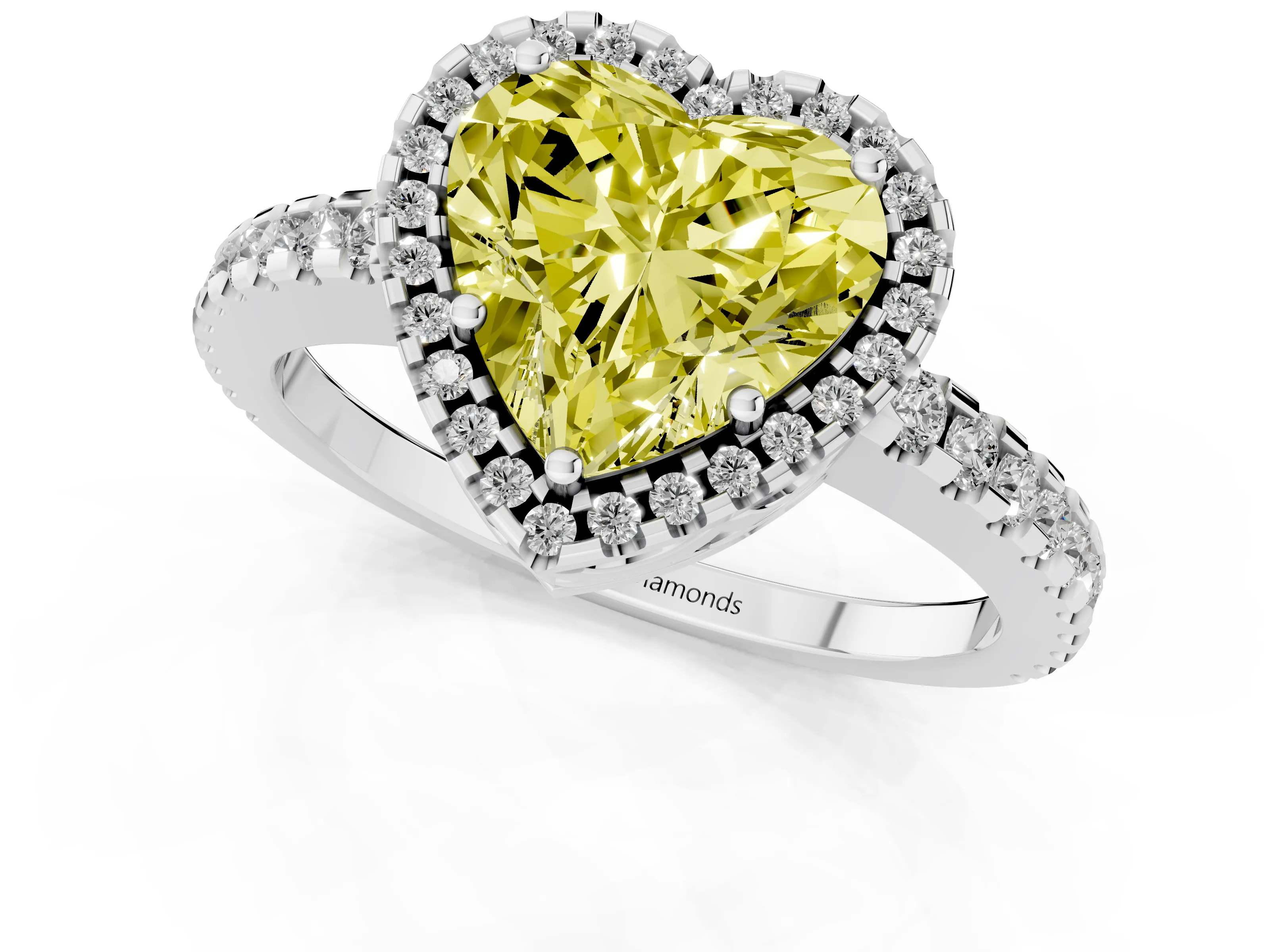 Fancy Yellow Heart Cut Diamond Halo Ring Set in Platinum with Pavé Shoulders and Halo-Framed Center