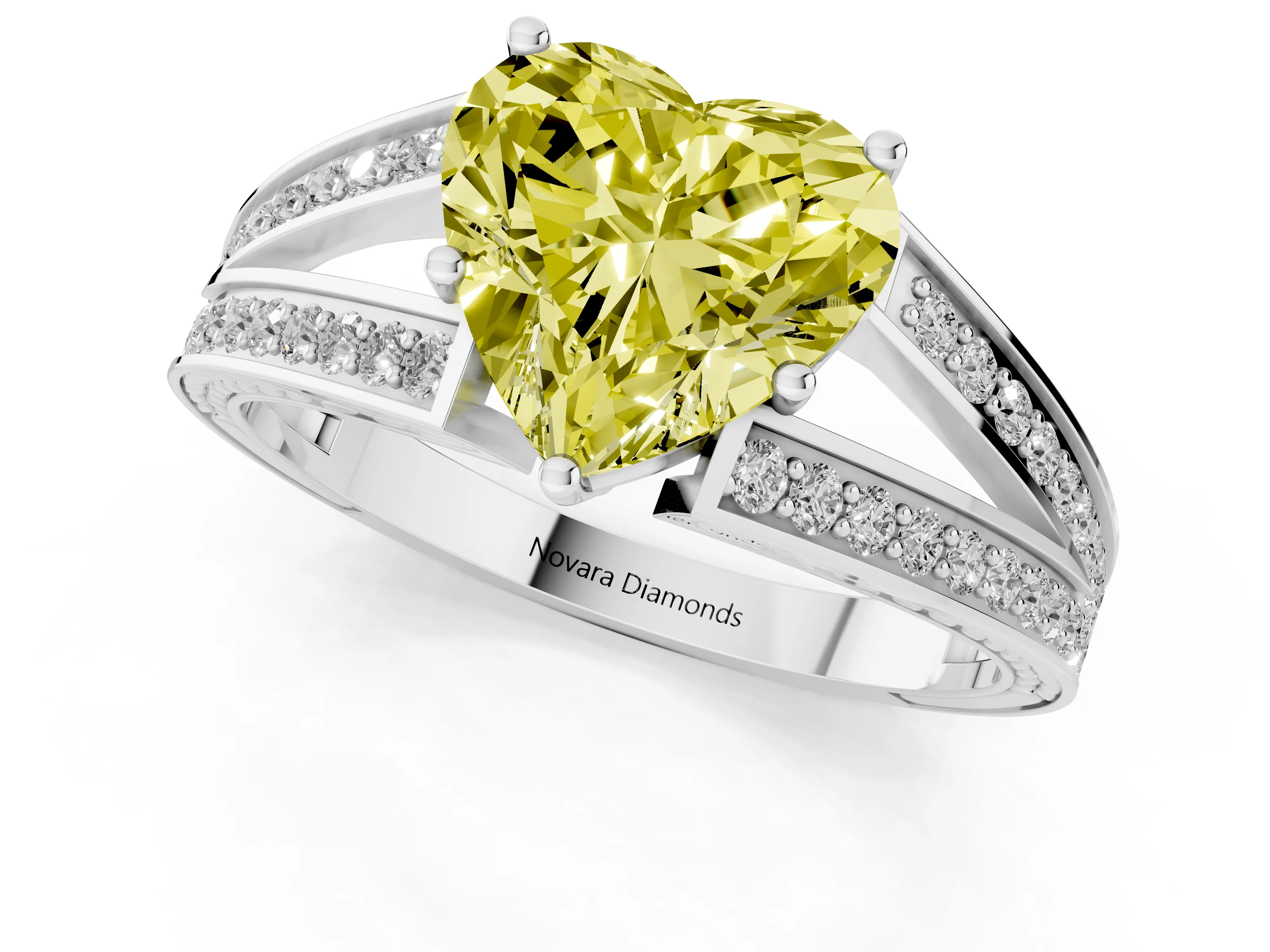 Fancy Yellow Heart Cut Diamond Split Shank Ring Set in Silver with Pavé Band and Prong Setting