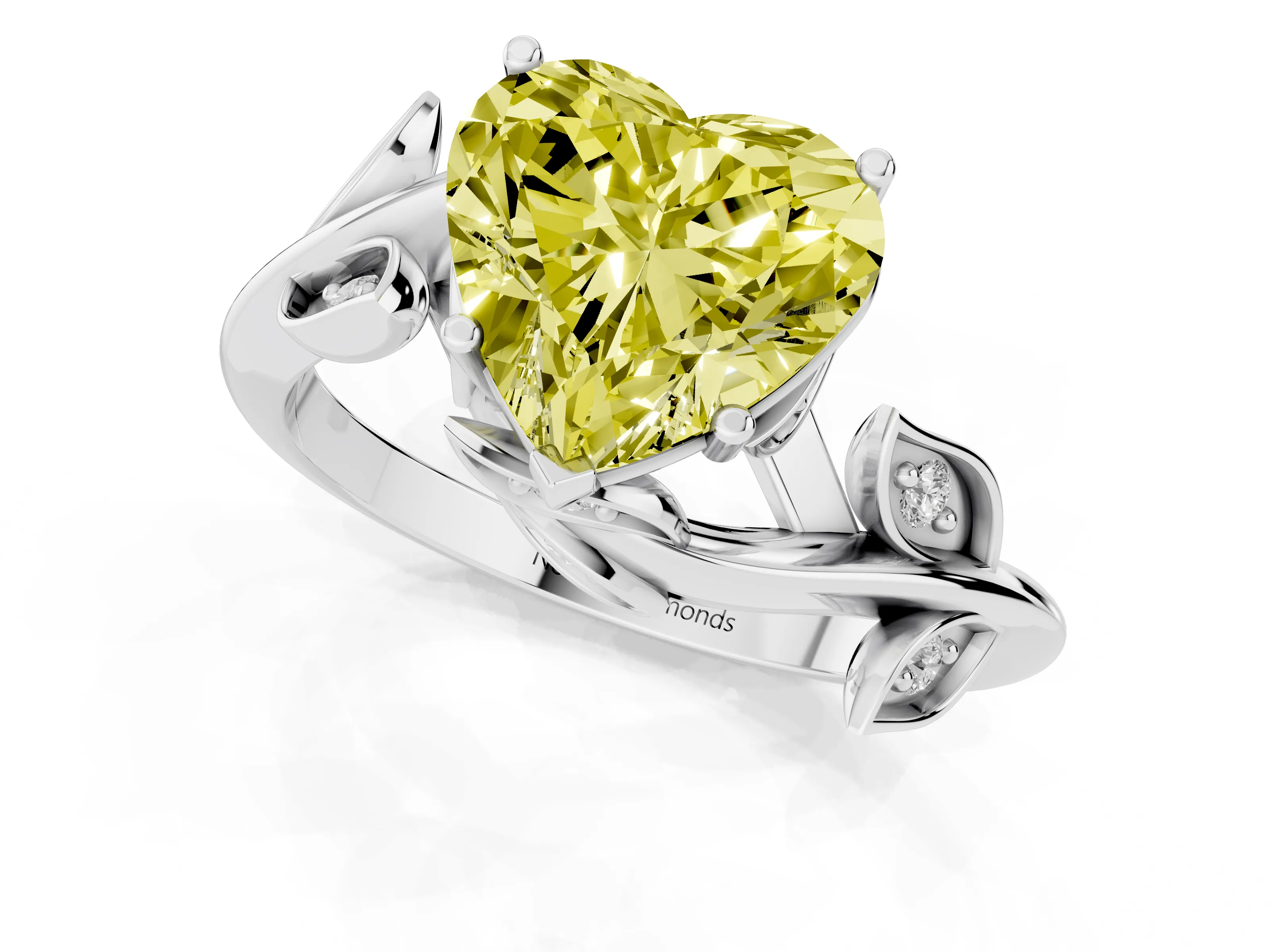 Fancy Yellow Heart Cut Diamond Solitaire Twist Engagement Ring Set in Silver with Pavé Leaf Accents
