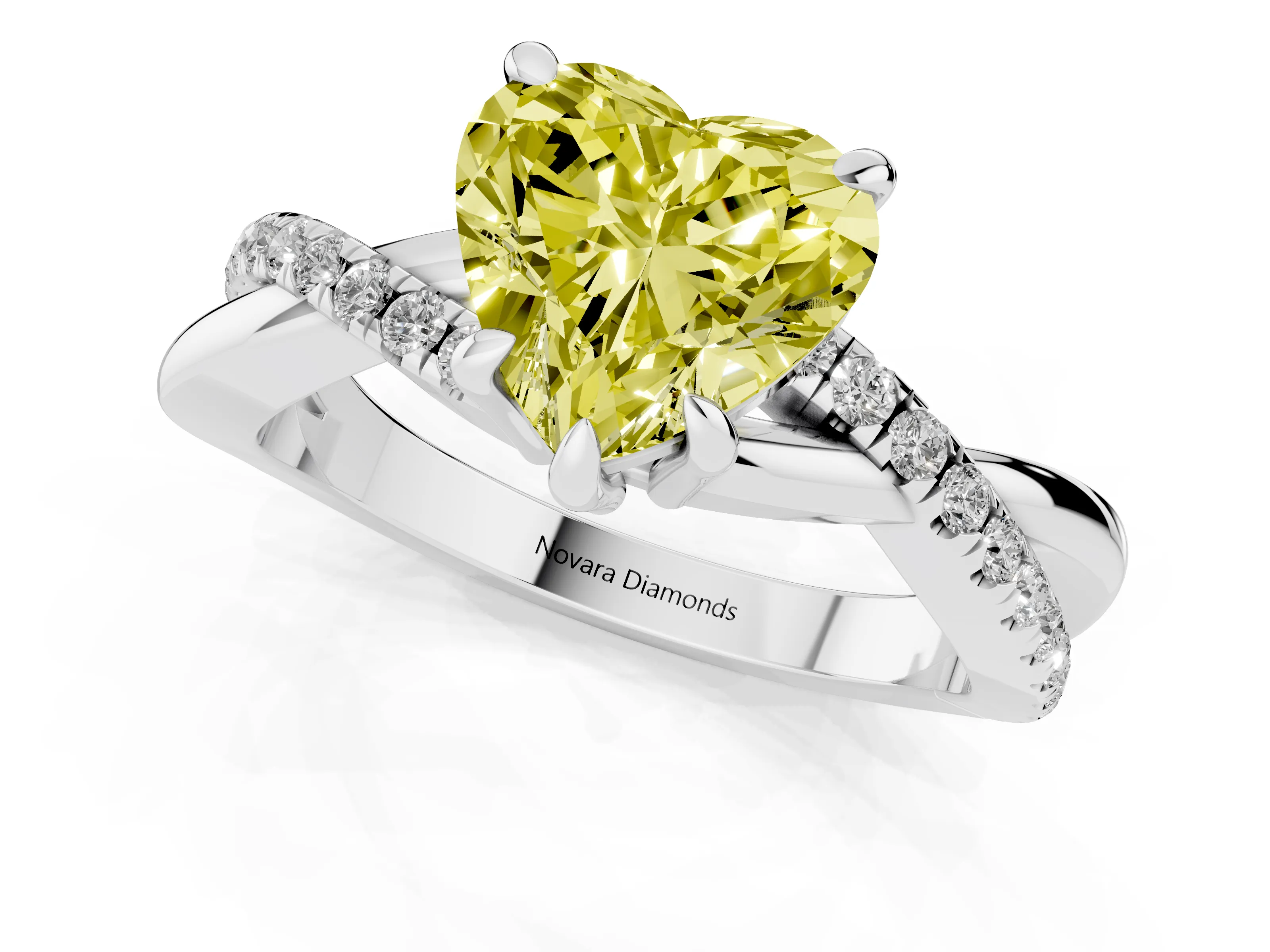 Fancy Yellow Heart Cut Diamond Twist Band Solitaire Set in White gold with Pavé Accents and Prong Setting