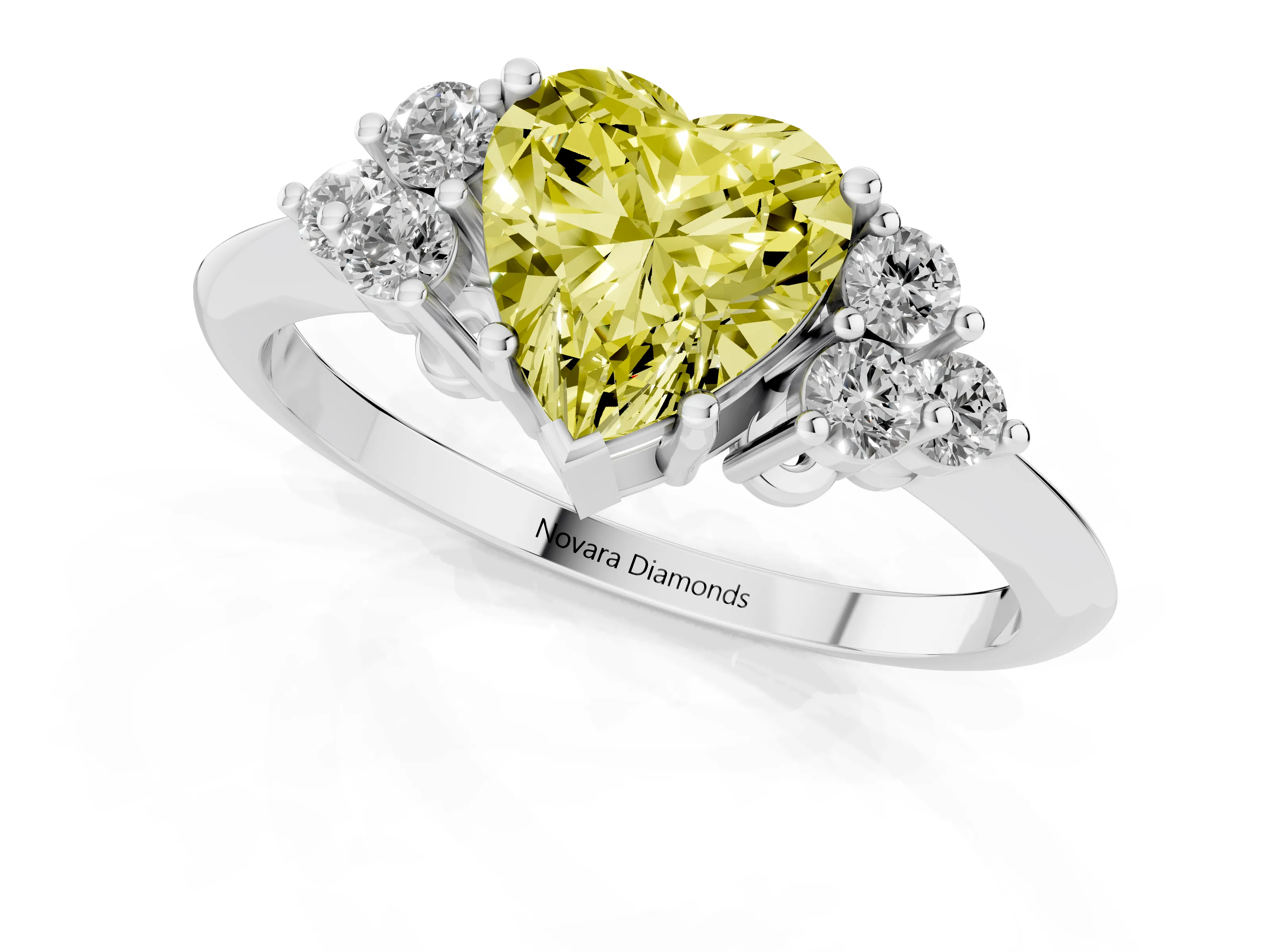 Fancy Yellow Heart Cut Diamond Cluster Ring Set in Silver with Plain Band and Prong Setting