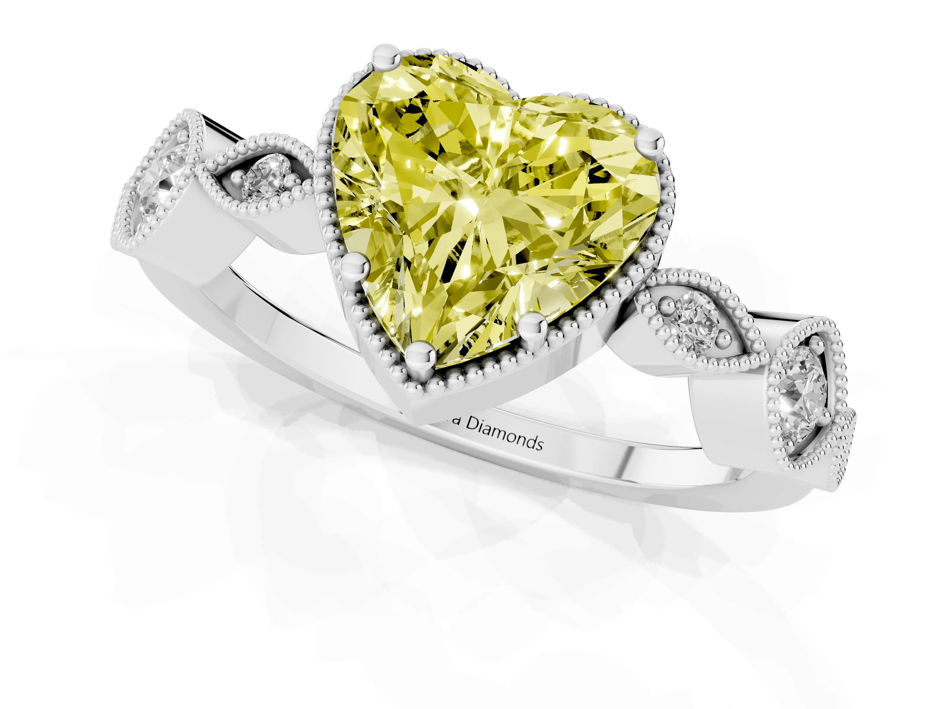 Fancy Yellow Heart Cut Diamond Vintage-Inspired Milgrain Ring Set in White gold with Marquise Stations of Round Accents