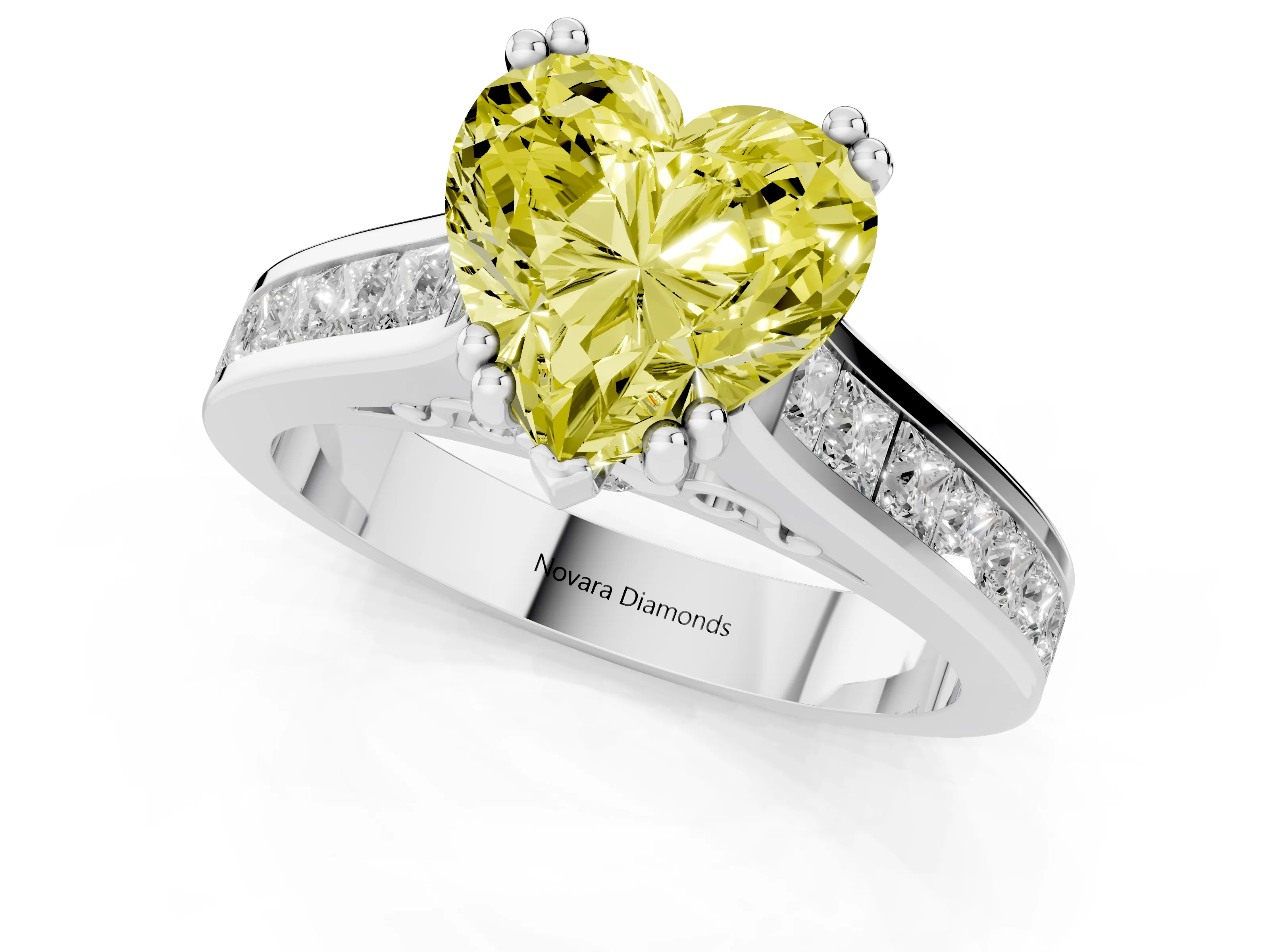 Fancy Yellow Heart Cut Diamond Channel Set Solitaire Engagement Ring Set in Platinum with Prong Setting