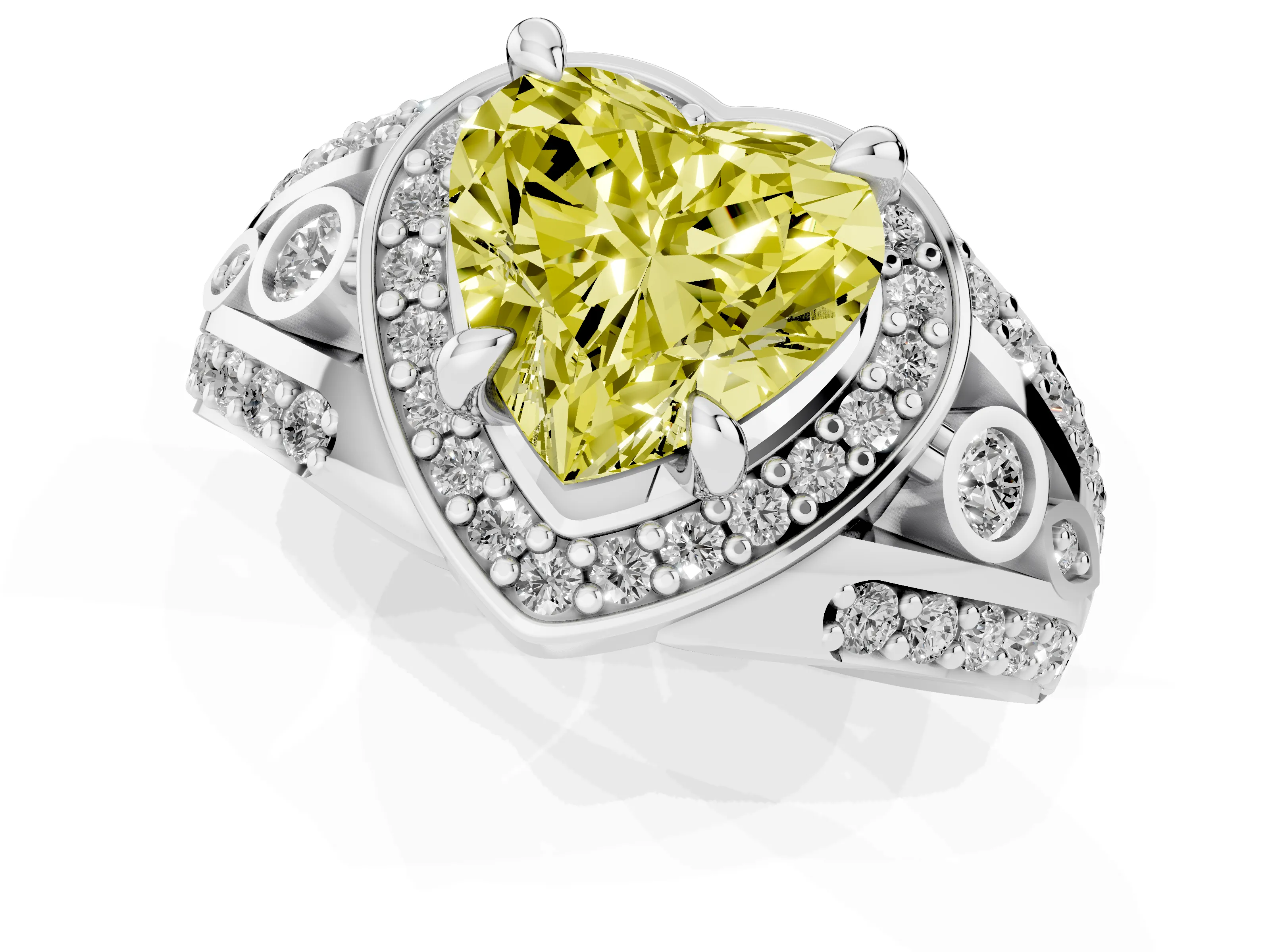 Fancy Yellow Heart Cut Diamond Halo Ring Set in White gold with Pavé Split Shank and Bezel Accents