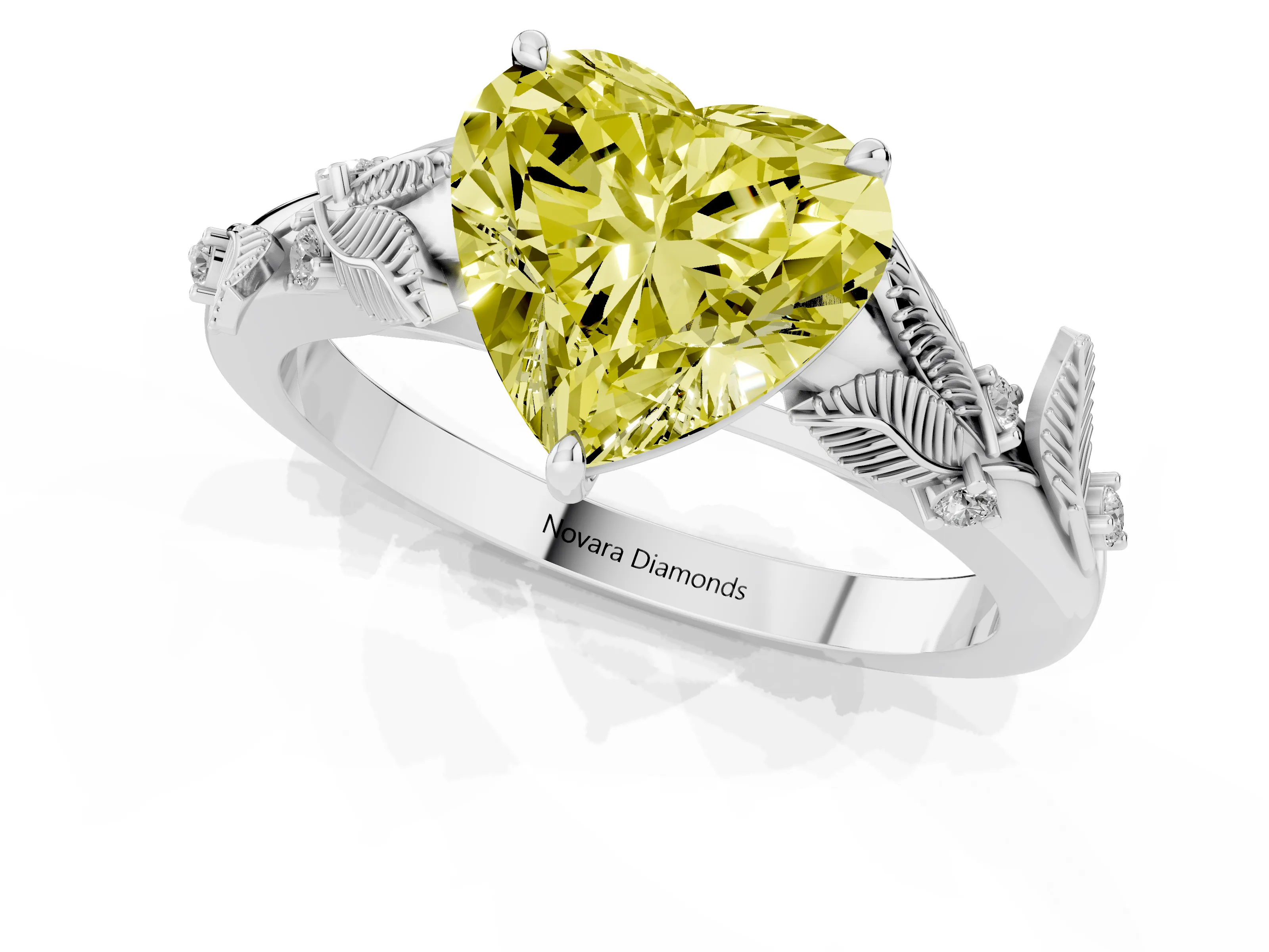 Fancy Yellow Heart Cut Diamond Solitaire Ring Set in White gold with Leaf Motif Band