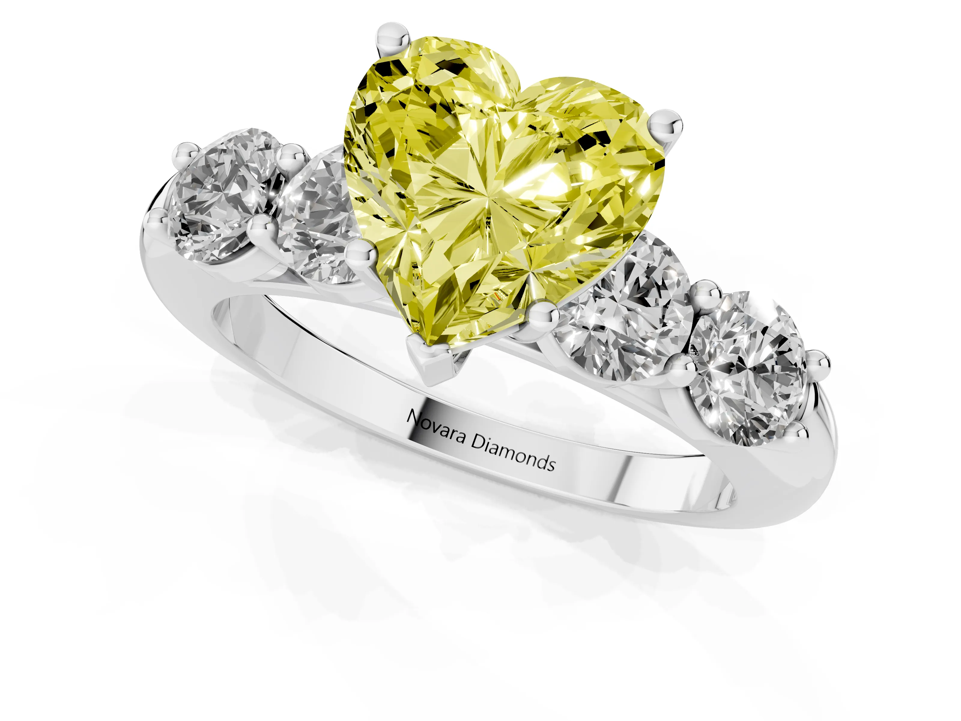 Fancy Yellow Heart Cut Diamond Five-Stone Prong Set Ring Set in White gold with Classic Band