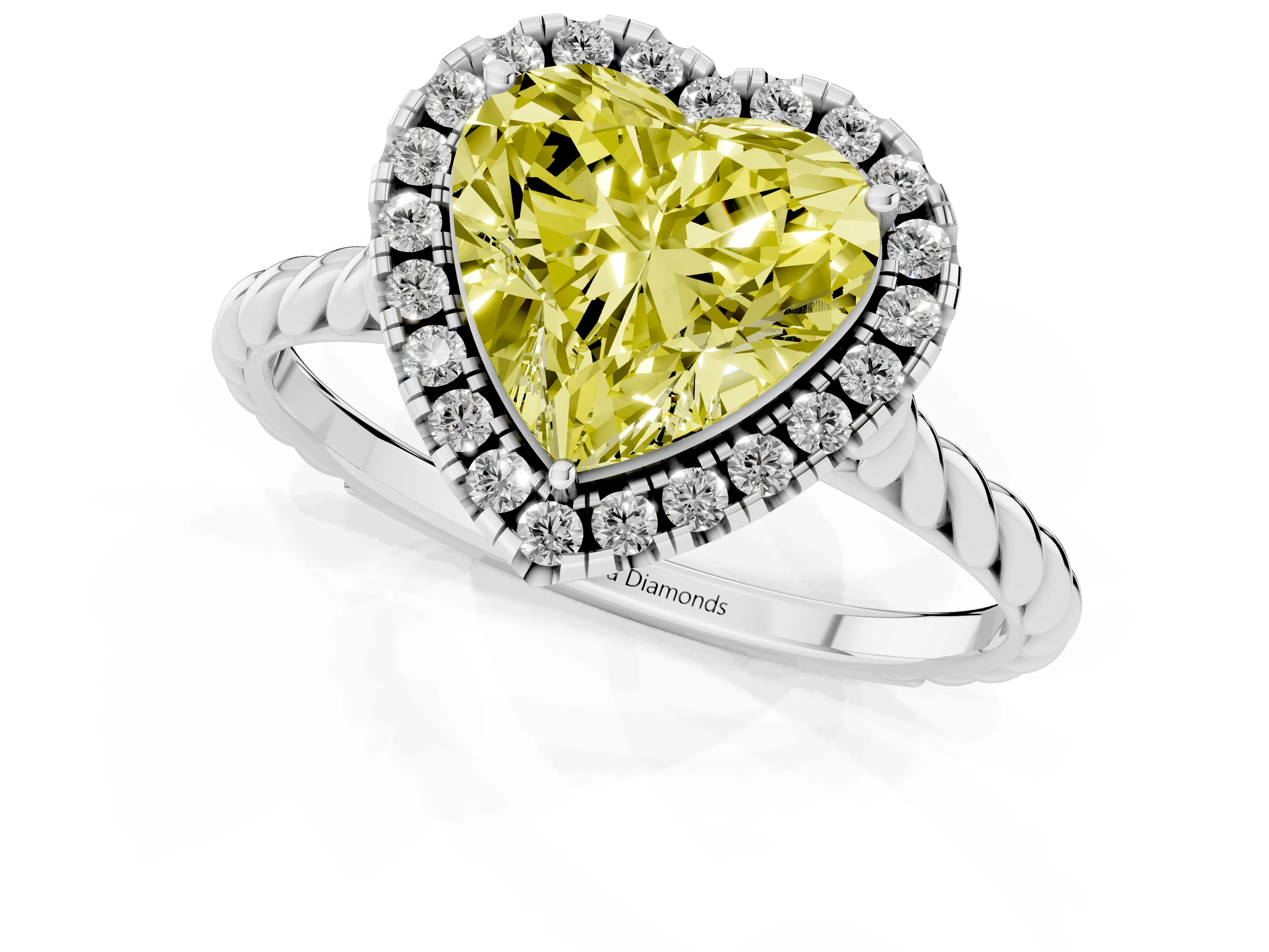 Fancy Yellow Heart Cut Diamond Halo Ring Set in White gold with Plain Twisted Band