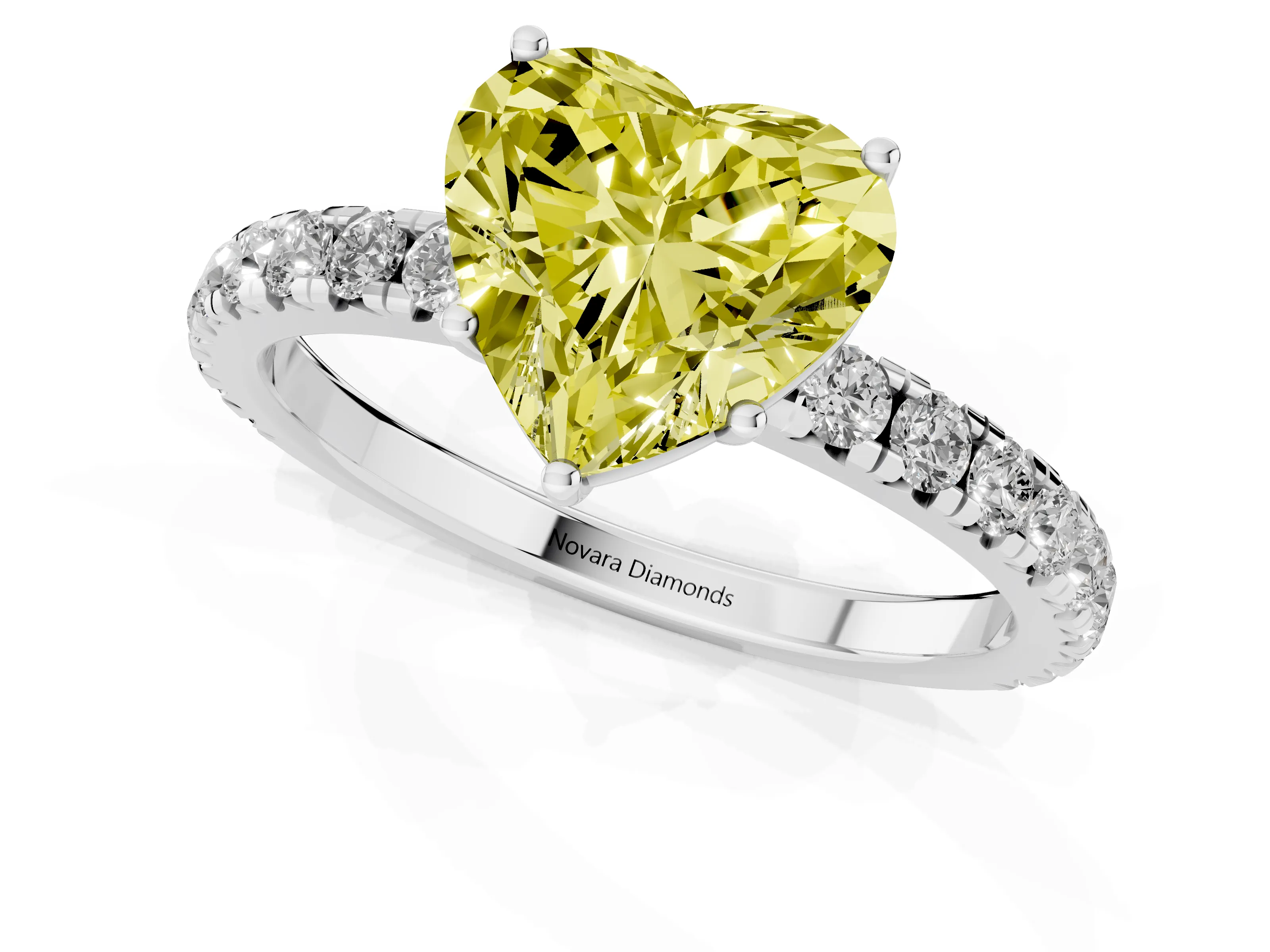Fancy Yellow Heart Cut Diamond Pavé Solitaire Engagement Ring Set in White gold with Prong Setting