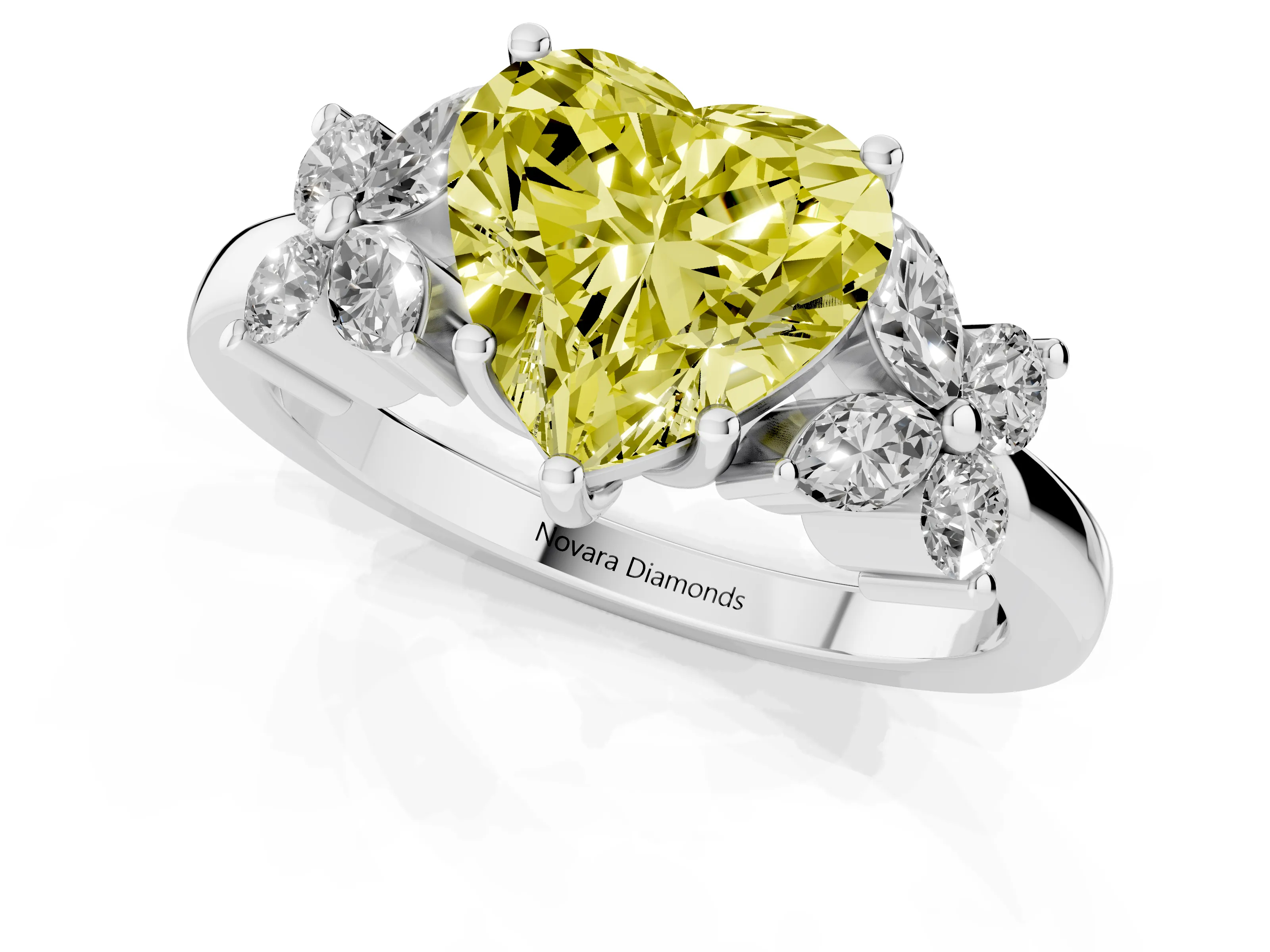 Fancy Yellow Heart Cut Diamond Floral Cluster Ring Set in Platinum with Marquise Petals and Prong Setting