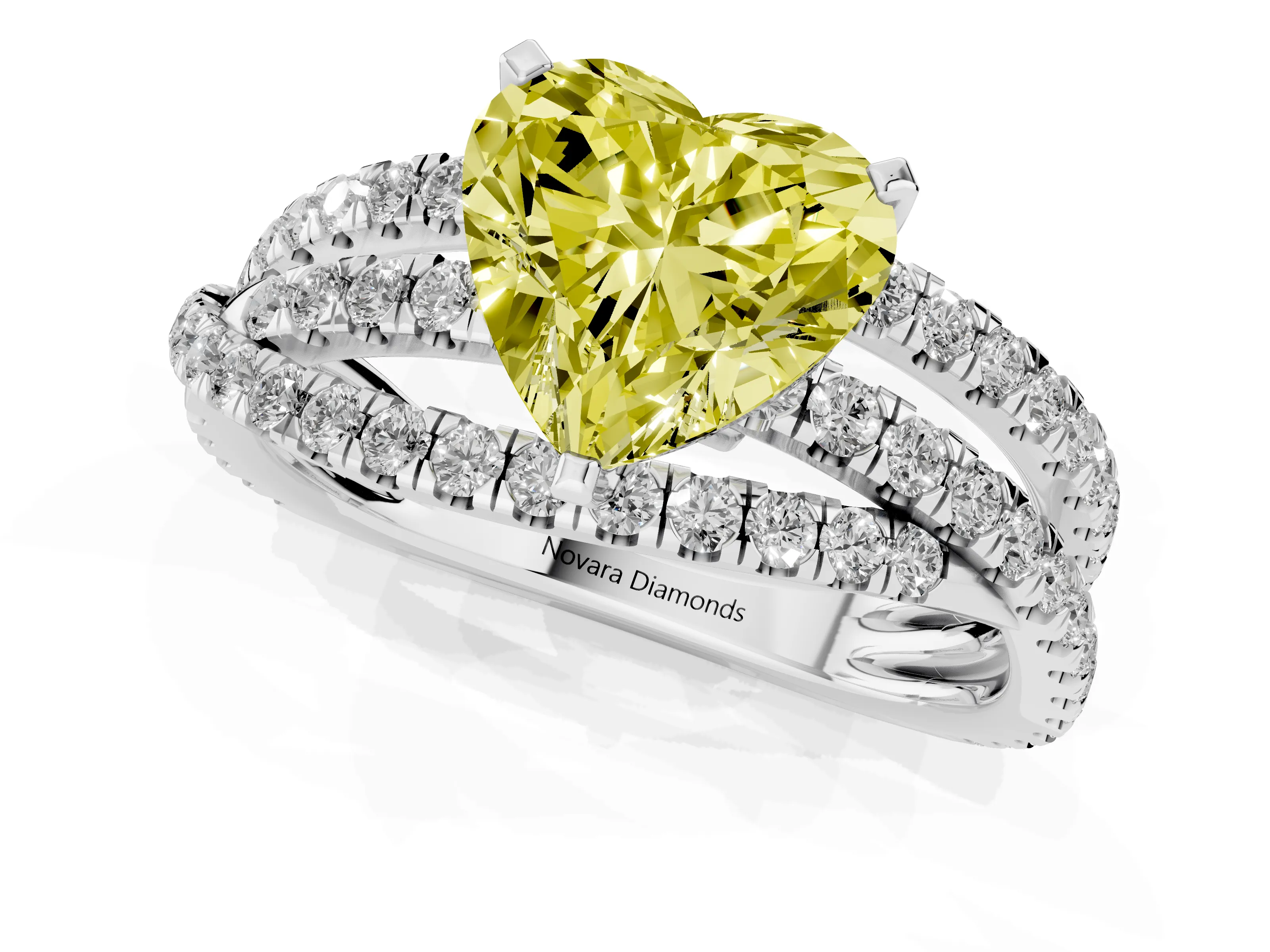 Fancy Yellow Heart Cut Diamond Solitaire Twist Band Ring Set in Silver with Pavé Setting and Prong Head