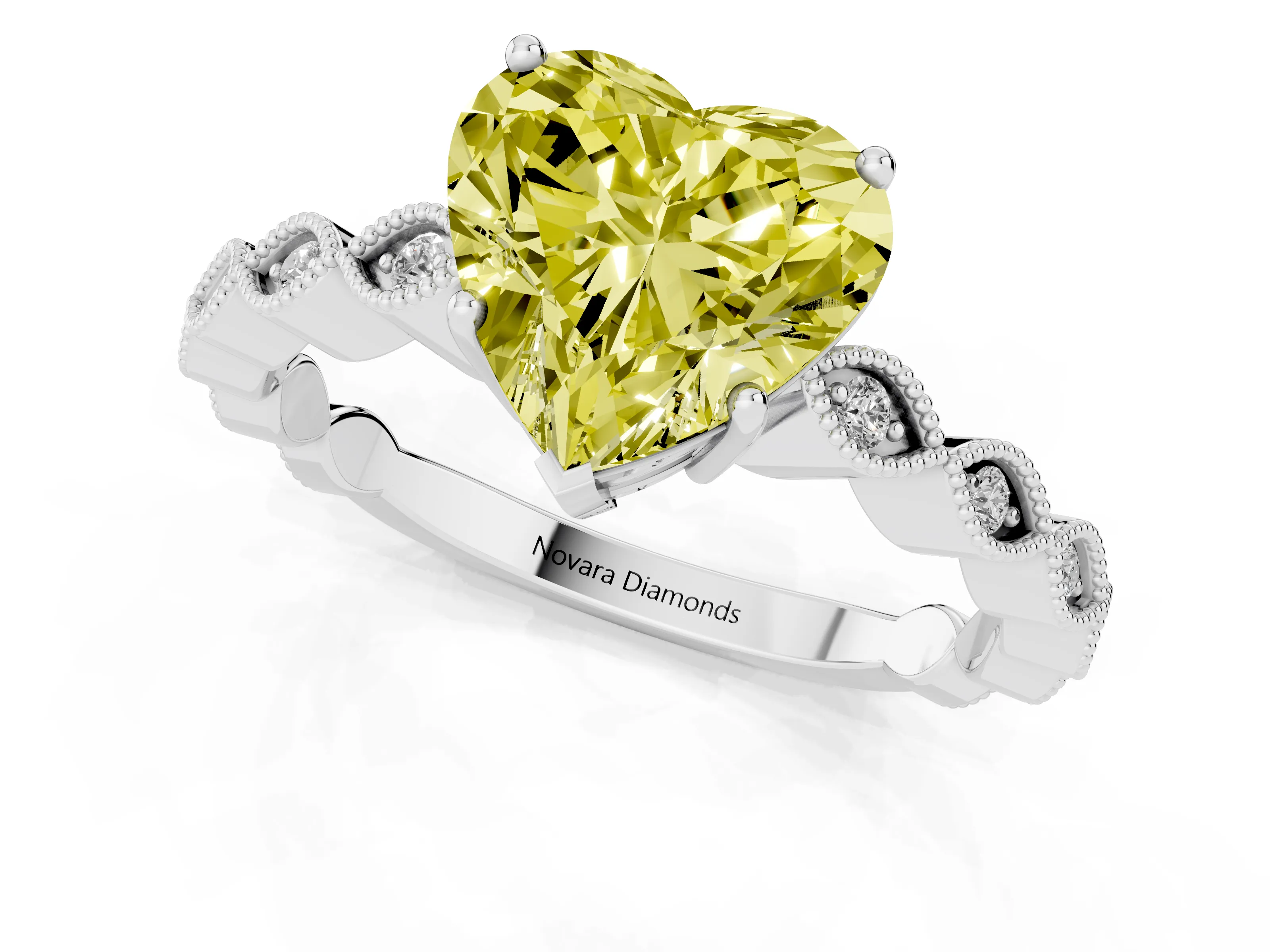 Fancy Yellow Heart Cut Diamond Solitaire Ring Set in Platinum with Infinity Twist Pavé Band