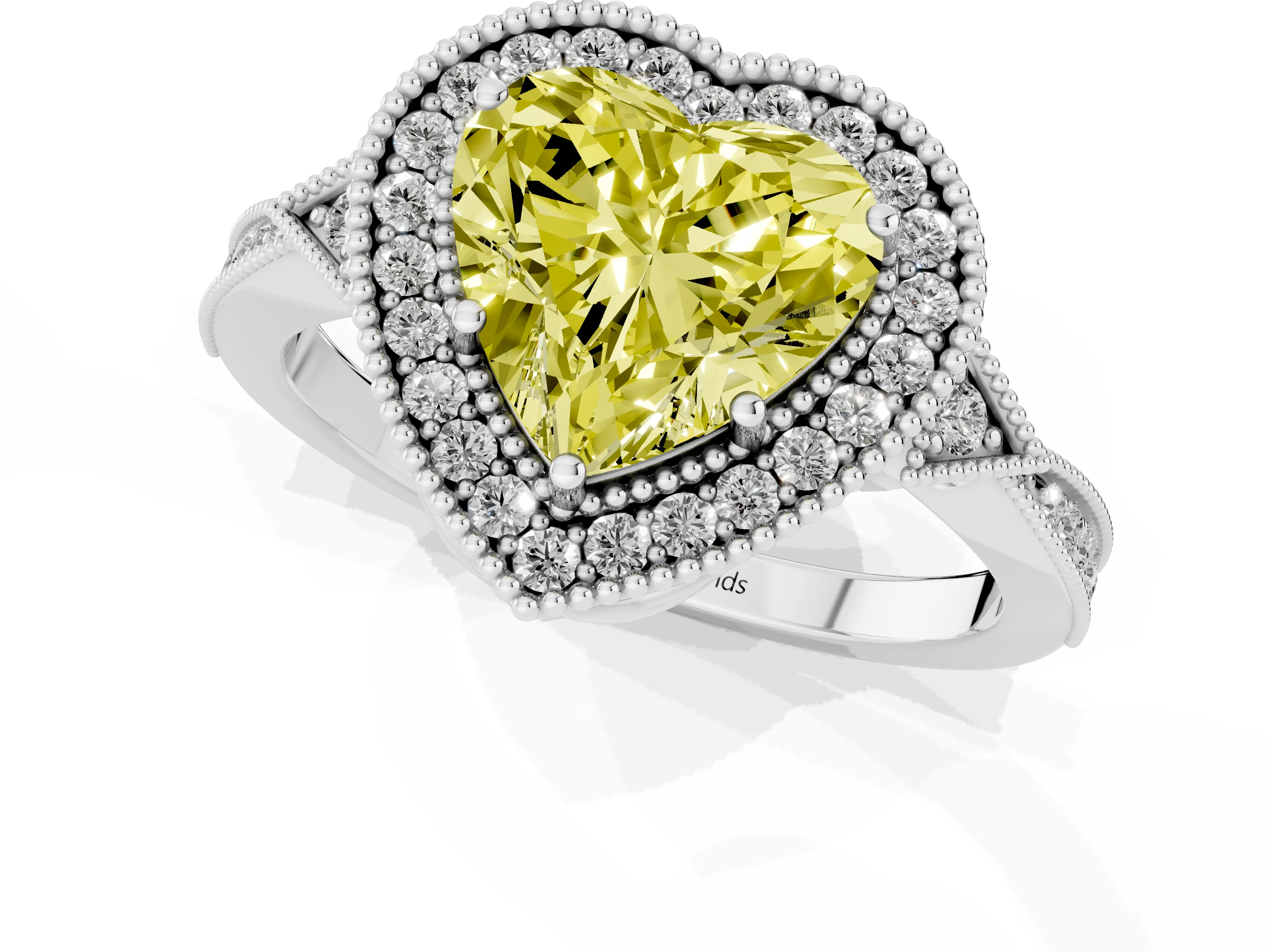 Fancy Yellow Heart Cut Diamond Halo Engagement Ring Set in White gold with Milgrain Pavé Band