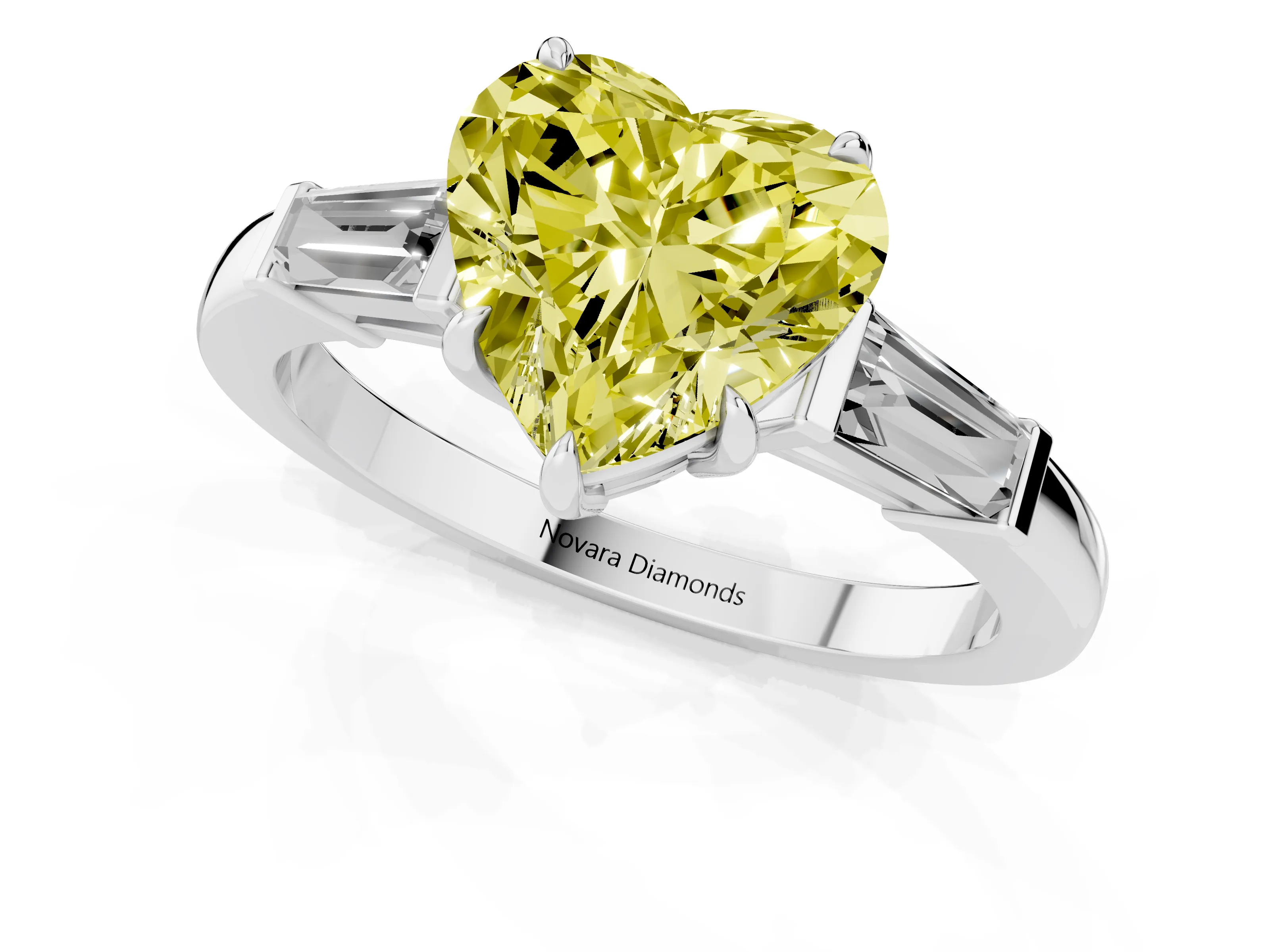 Fancy Yellow Heart Cut Diamond Three-Stone Ring Set in Platinum with Tapered Baguette Side Stones and Prong Setting