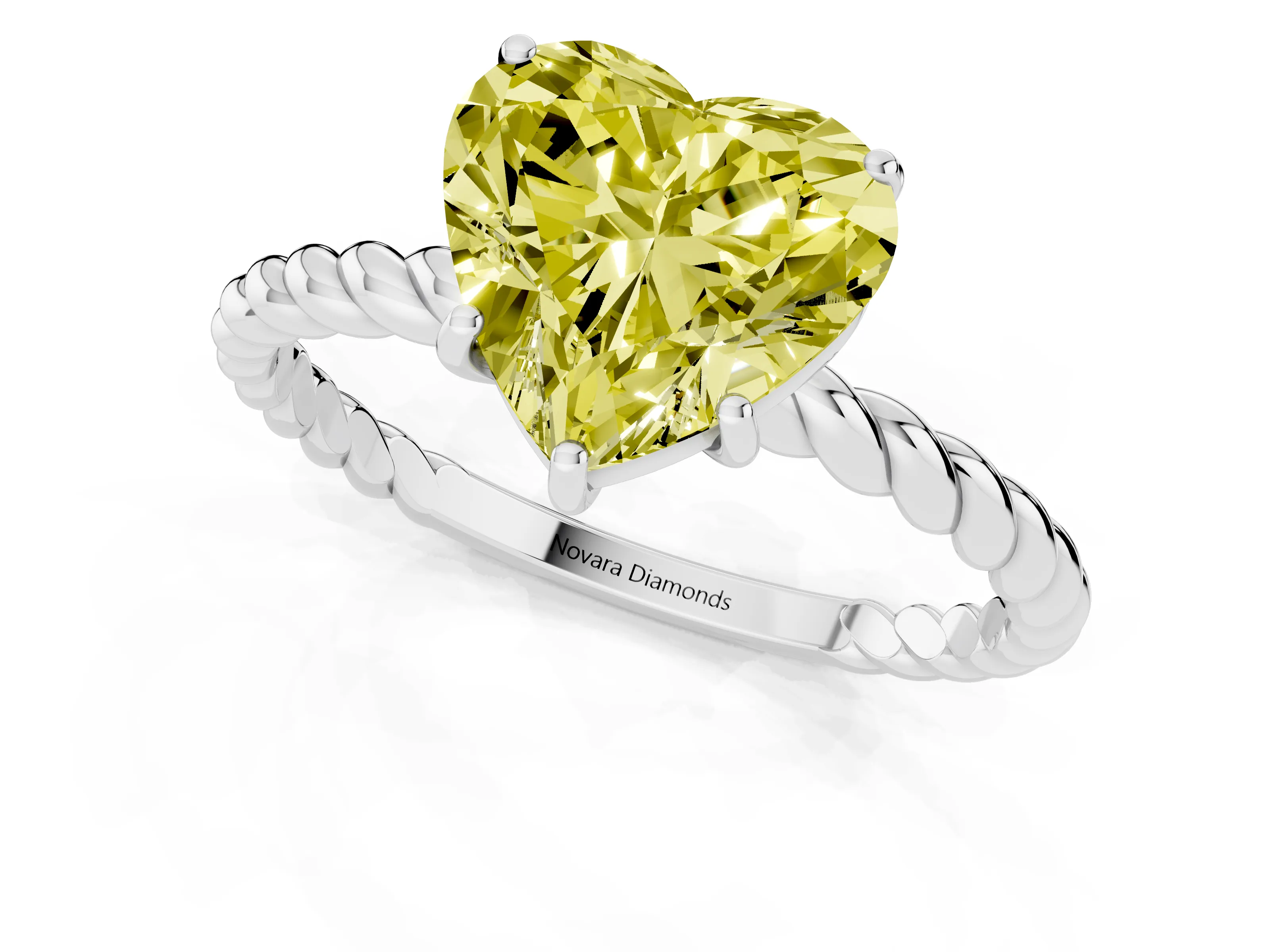 Fancy Yellow Heart Cut Diamond Solitaire Ring Set in White gold with Twist Band and Prong Setting
