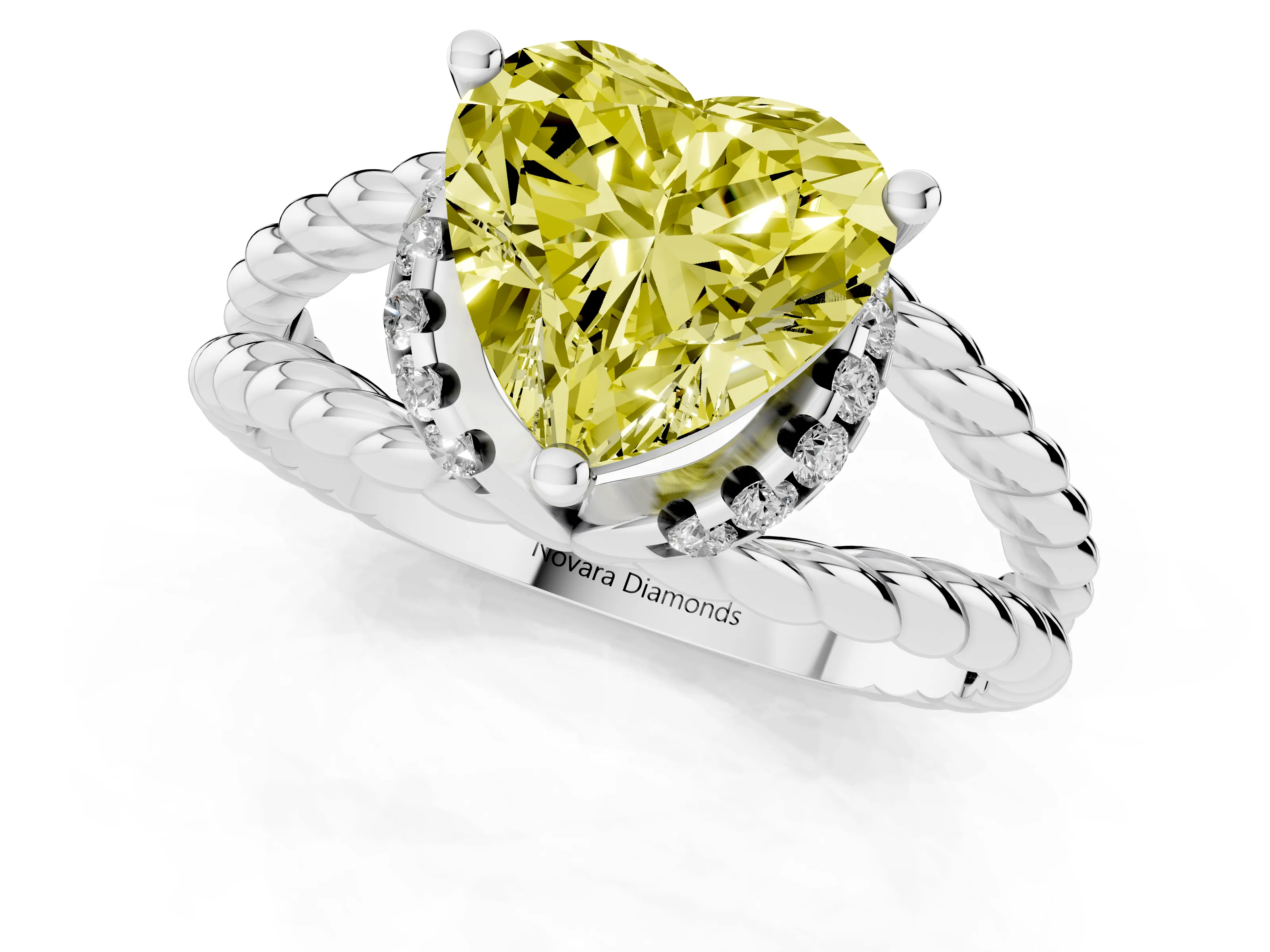Fancy Yellow Heart Cut Diamond Halo Ring Set in White gold with Twisted Band and Prong Setting