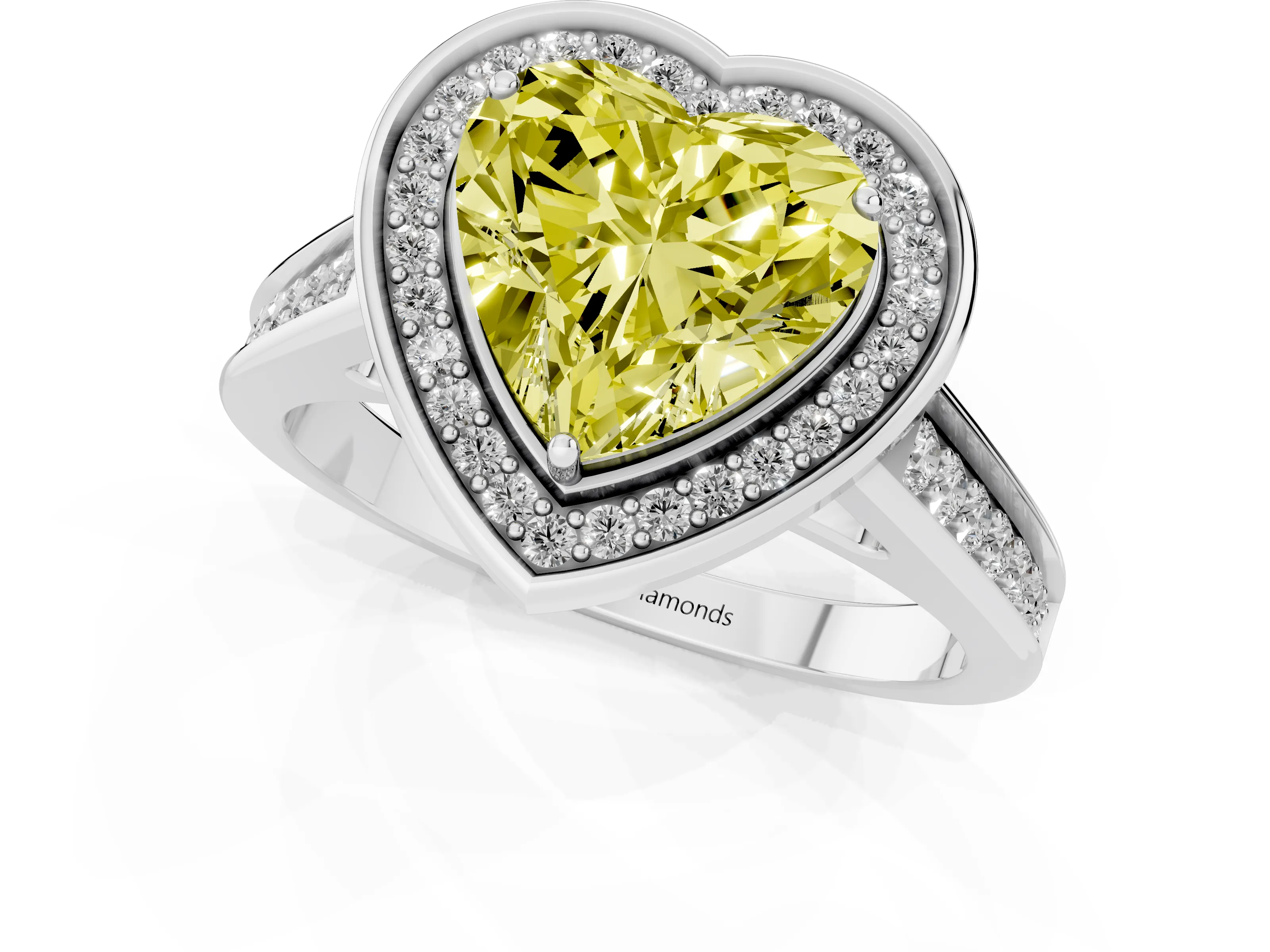 Fancy Yellow Heart Cut Diamond Halo Solitaire Ring Set in White gold with Pavé Band and Bezel Setting