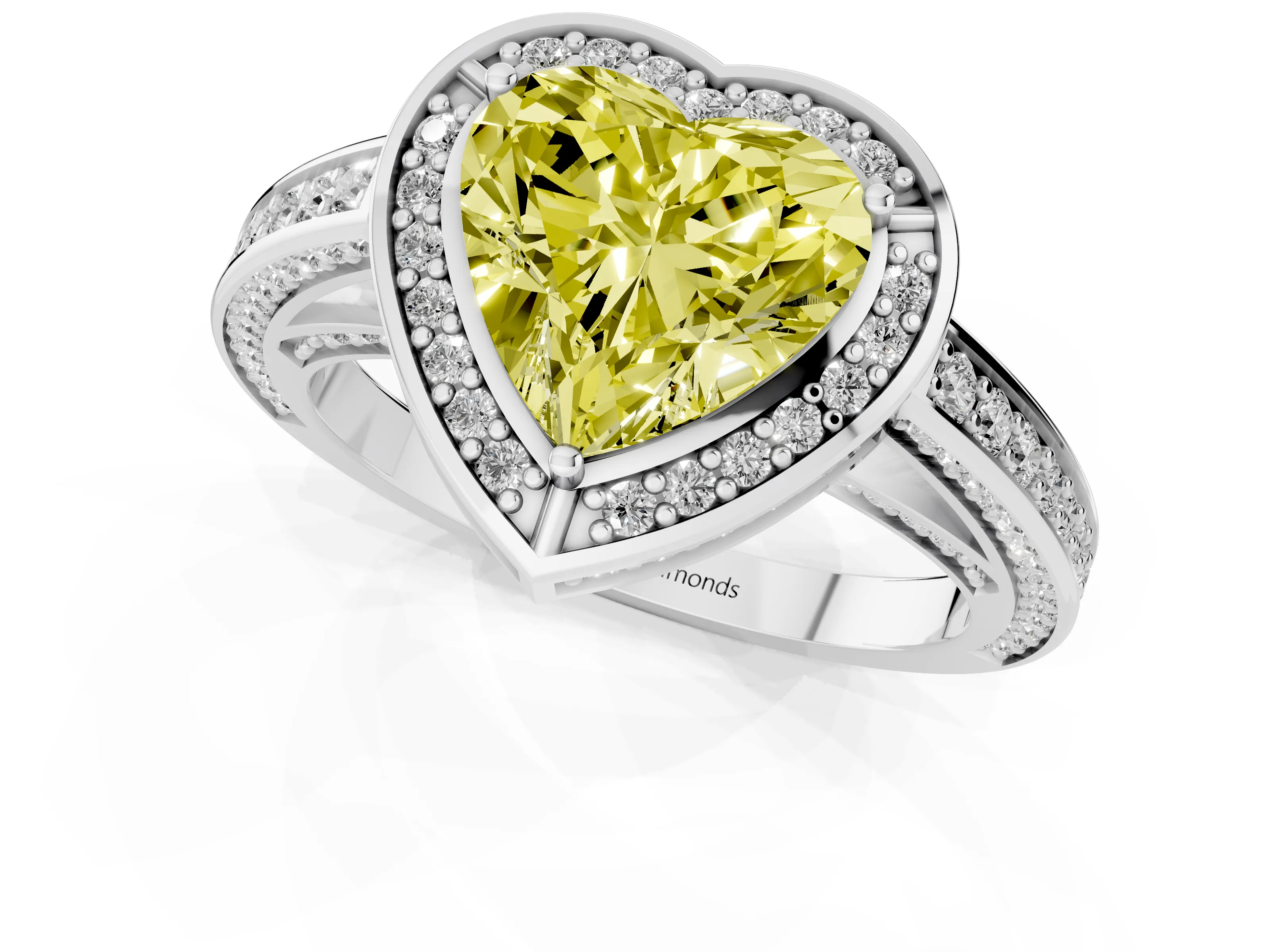 Fancy Yellow Heart Cut Diamond Halo Pavé Split Shank Ring Set in Platinum with Prong Setting