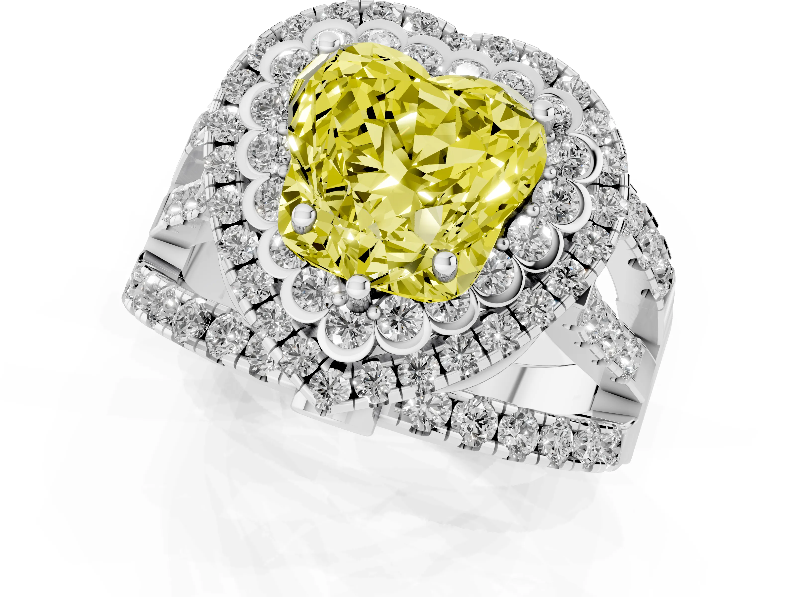 Fancy Yellow Heart Cut Diamond Double Halo Ring Set in White gold with Round Pavé Split Shank