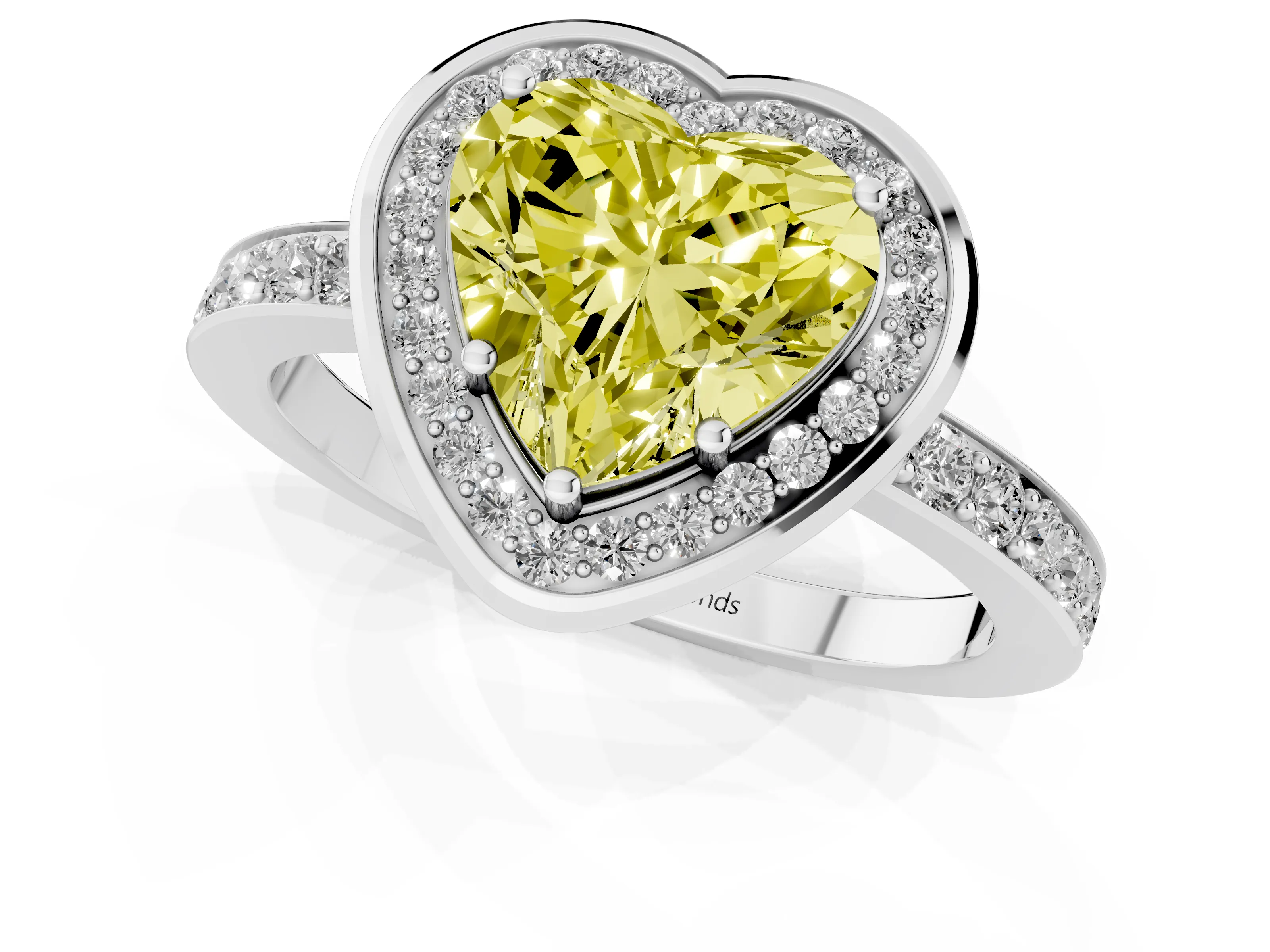 Fancy Yellow Heart Cut Diamond Halo Ring Set in Silver with Bezel Frame and Pavé Band