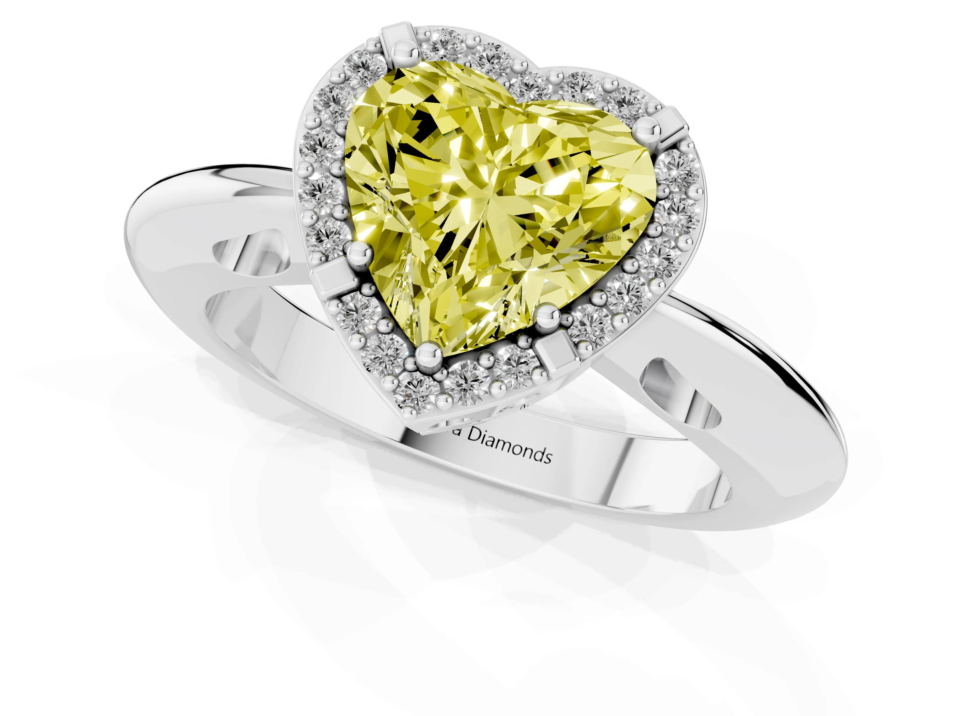 Fancy Yellow Heart Cut Diamond Halo Engagement Ring Set in Silver with Plain Split Shank and Prong Setting