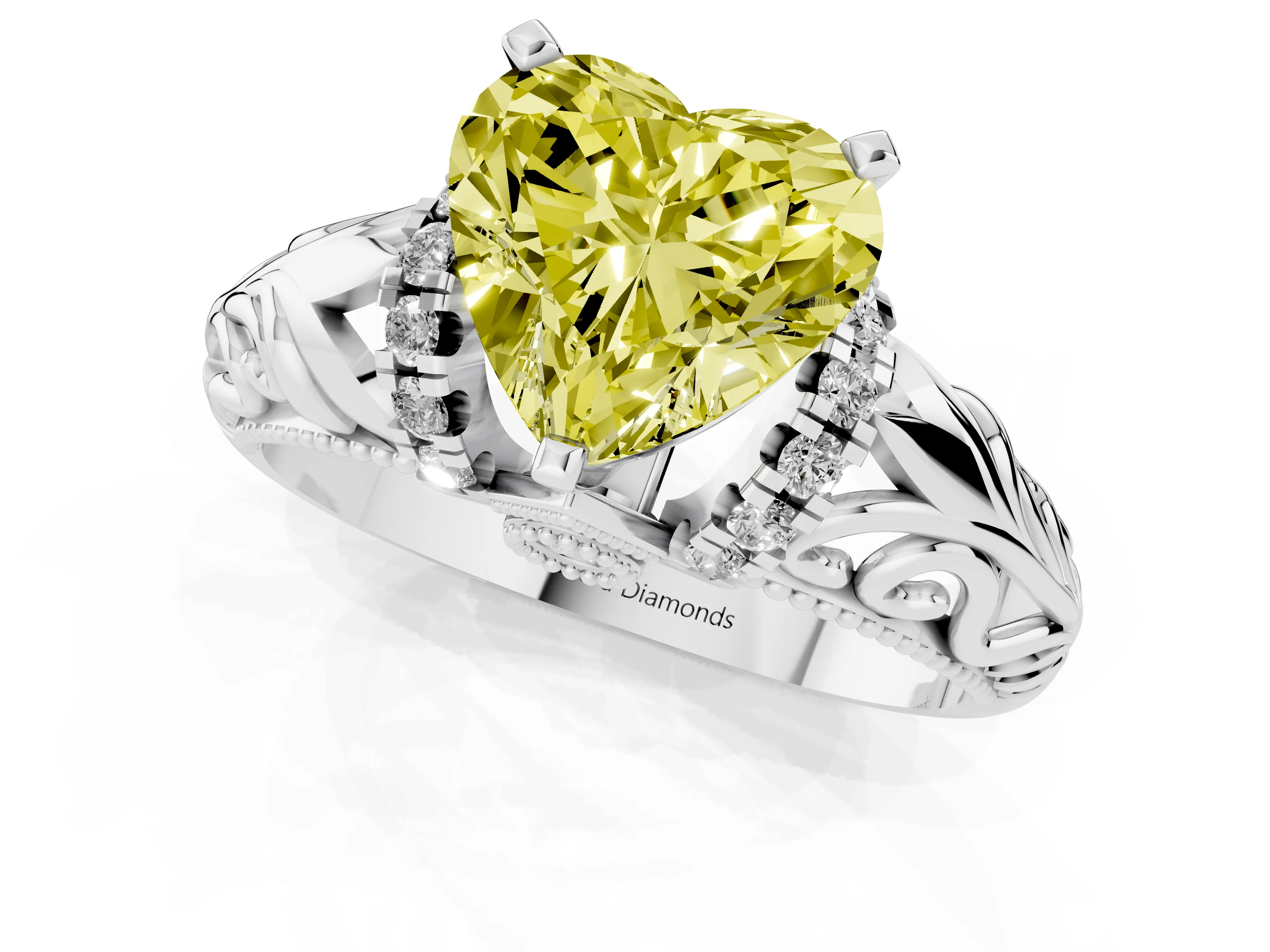 Fancy Yellow Heart Cut Diamond Filigree Halo Engagement Ring Set in Silver with Prong Setting