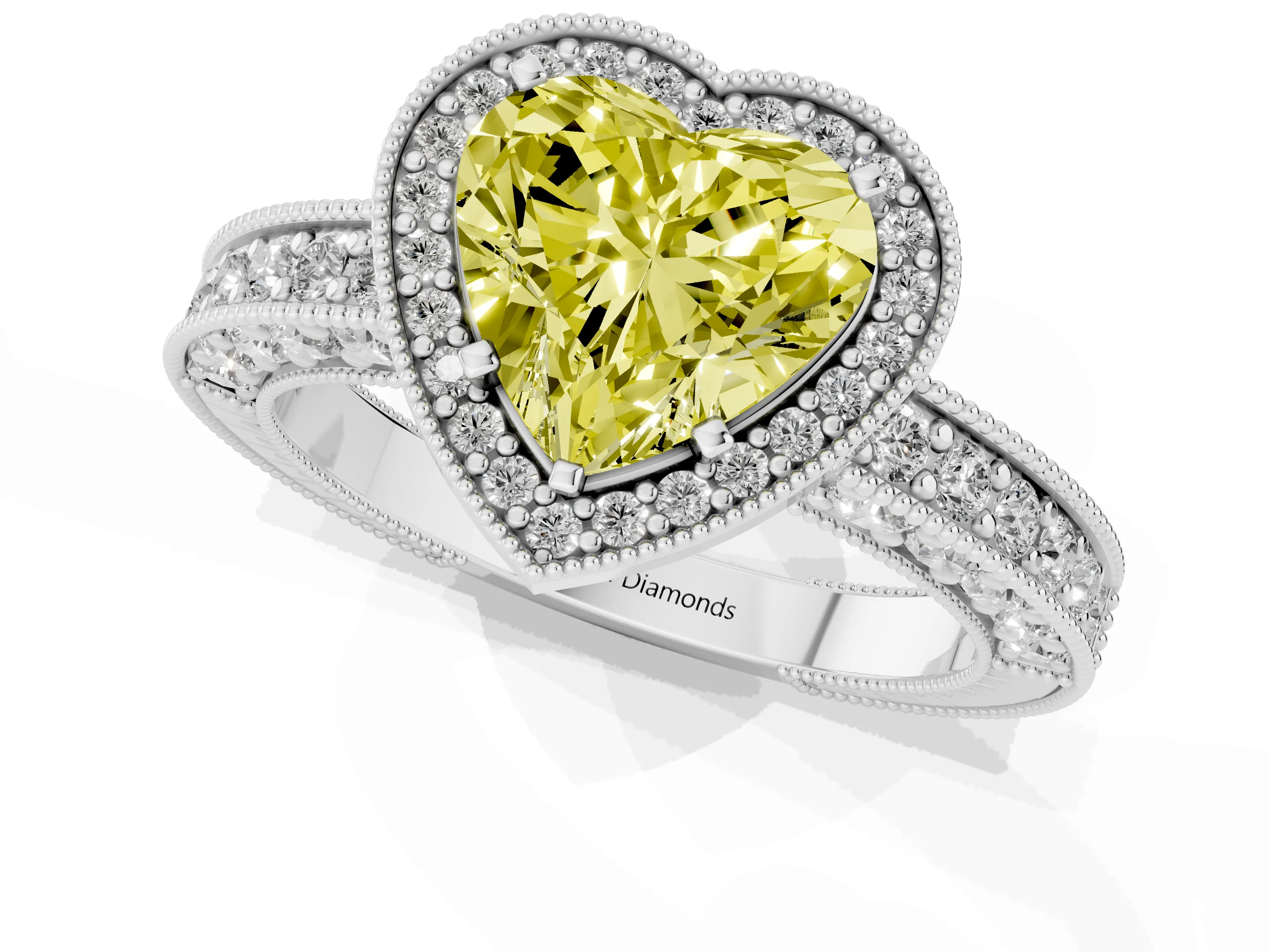 Fancy Yellow Heart Cut Diamond Halo Pavé Band Ring Set in Silver with Prong-Set Center