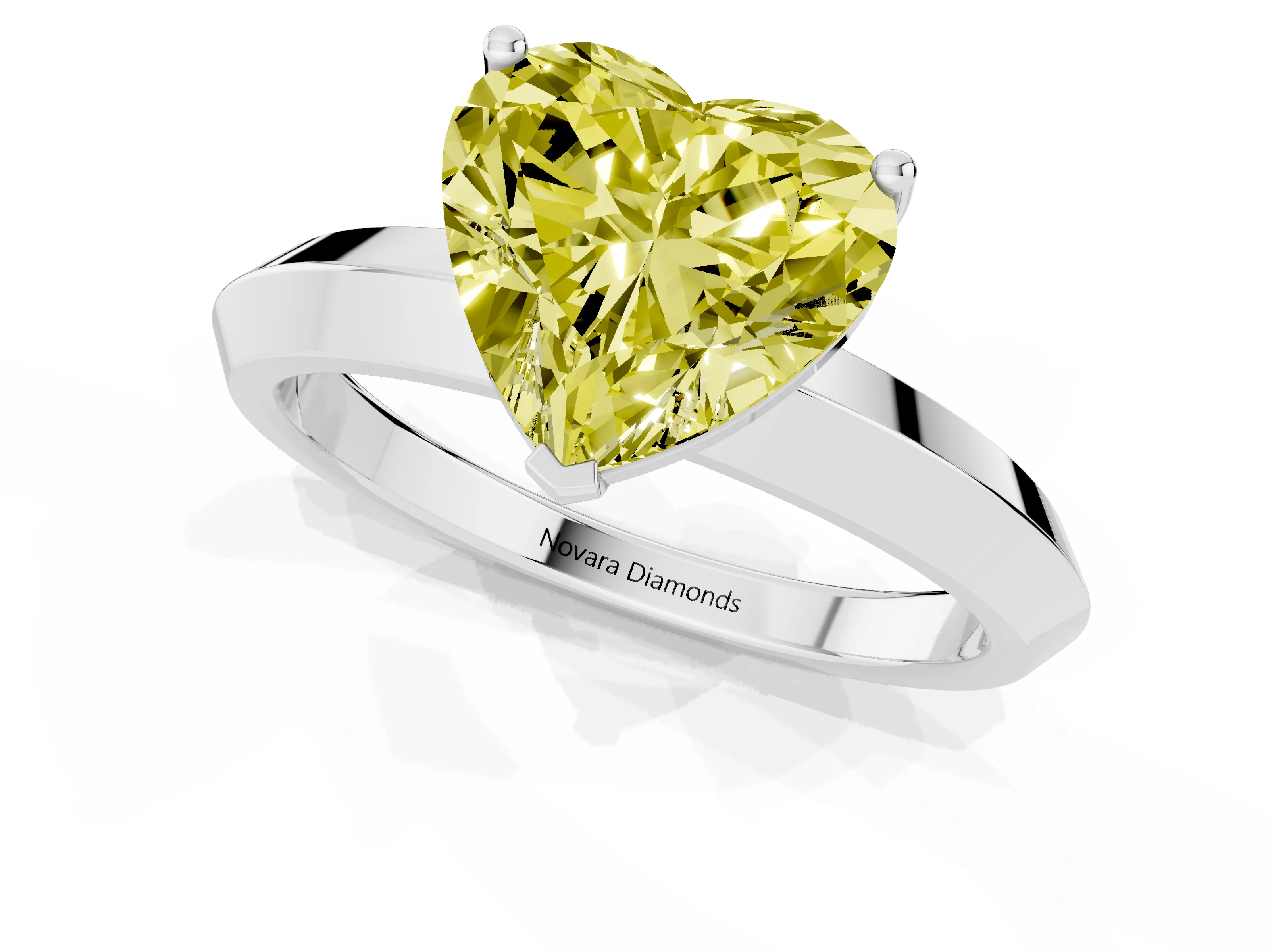 Fancy Yellow Heart Cut Diamond Solitaire Engagement Ring Set in Silver with Flat Band and Prong Setting