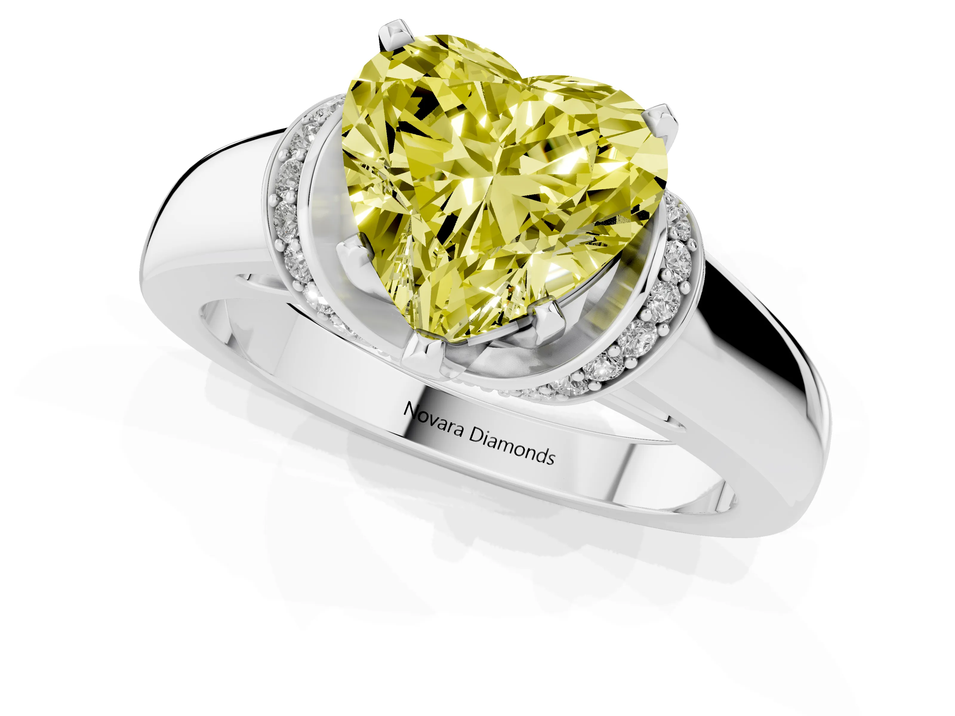 Fancy Yellow Heart Cut Diamond Pavé Band Solitaire Ring Set in Silver with Prong Setting