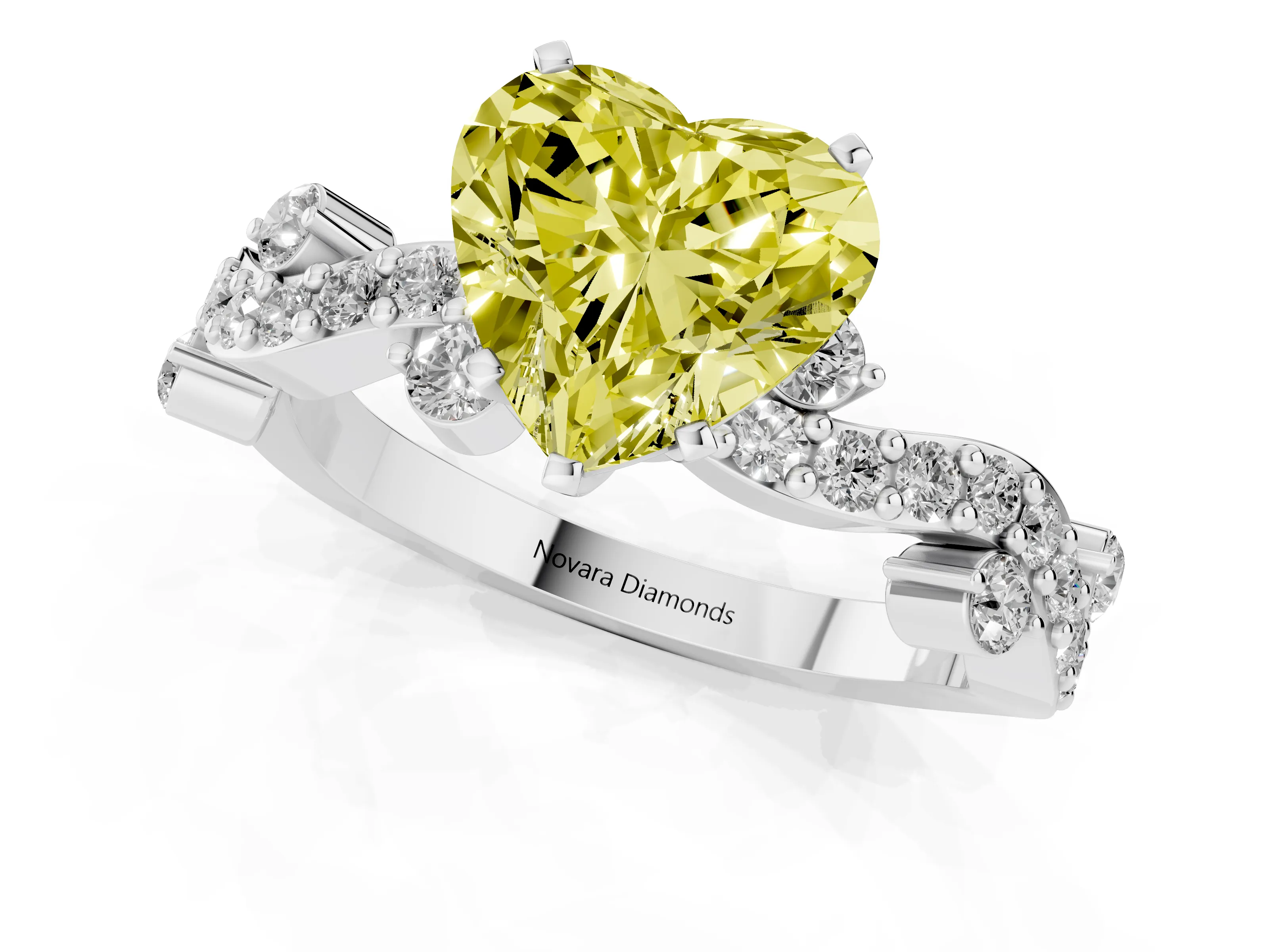 Fancy Yellow Heart Cut Diamond Solitaire Twisted Band Set in White gold with Pavé Setting