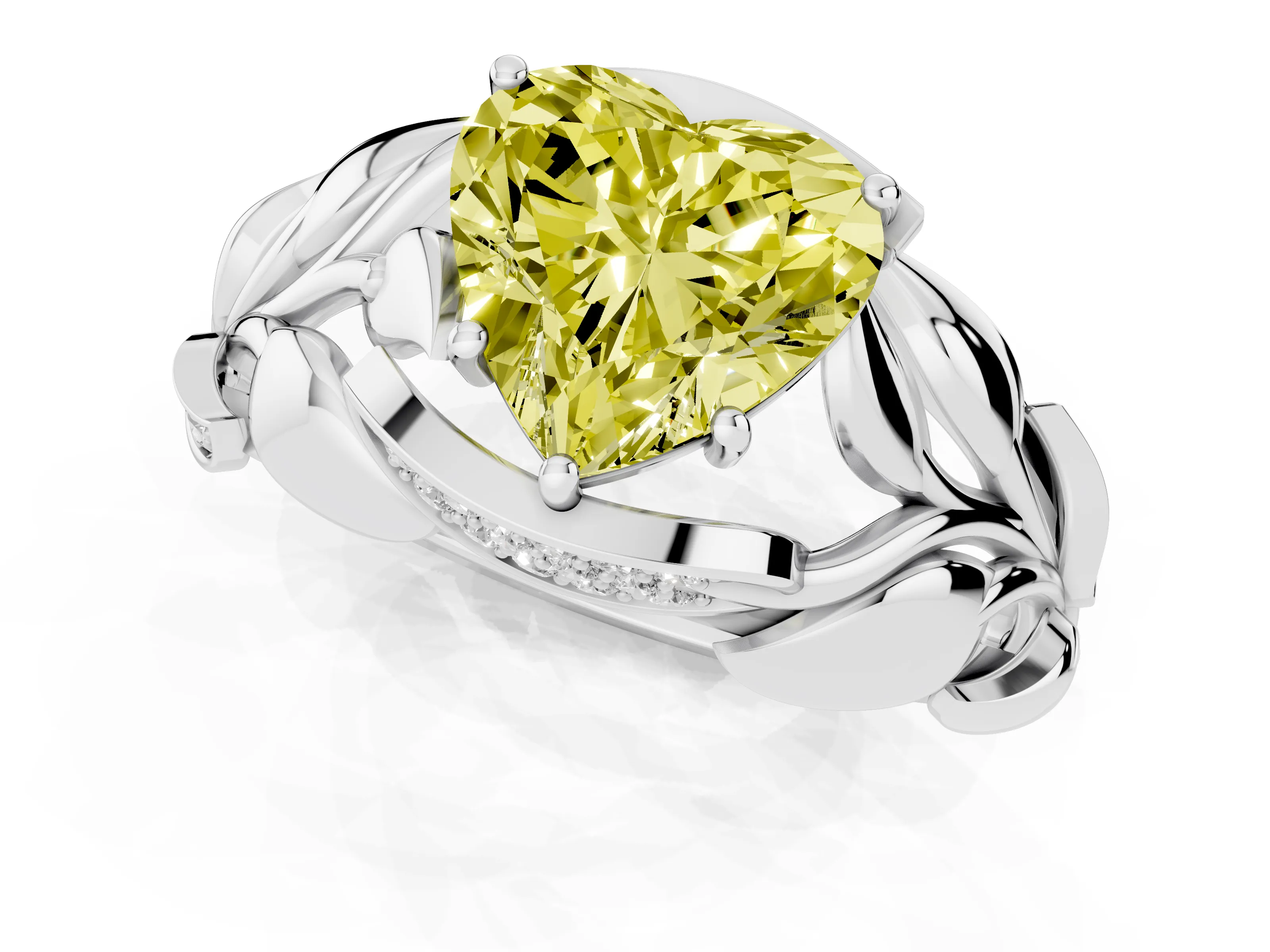 Fancy Yellow Heart Cut Diamond Leaf-Inspired Engagement Ring Set in Platinum with Round Accents