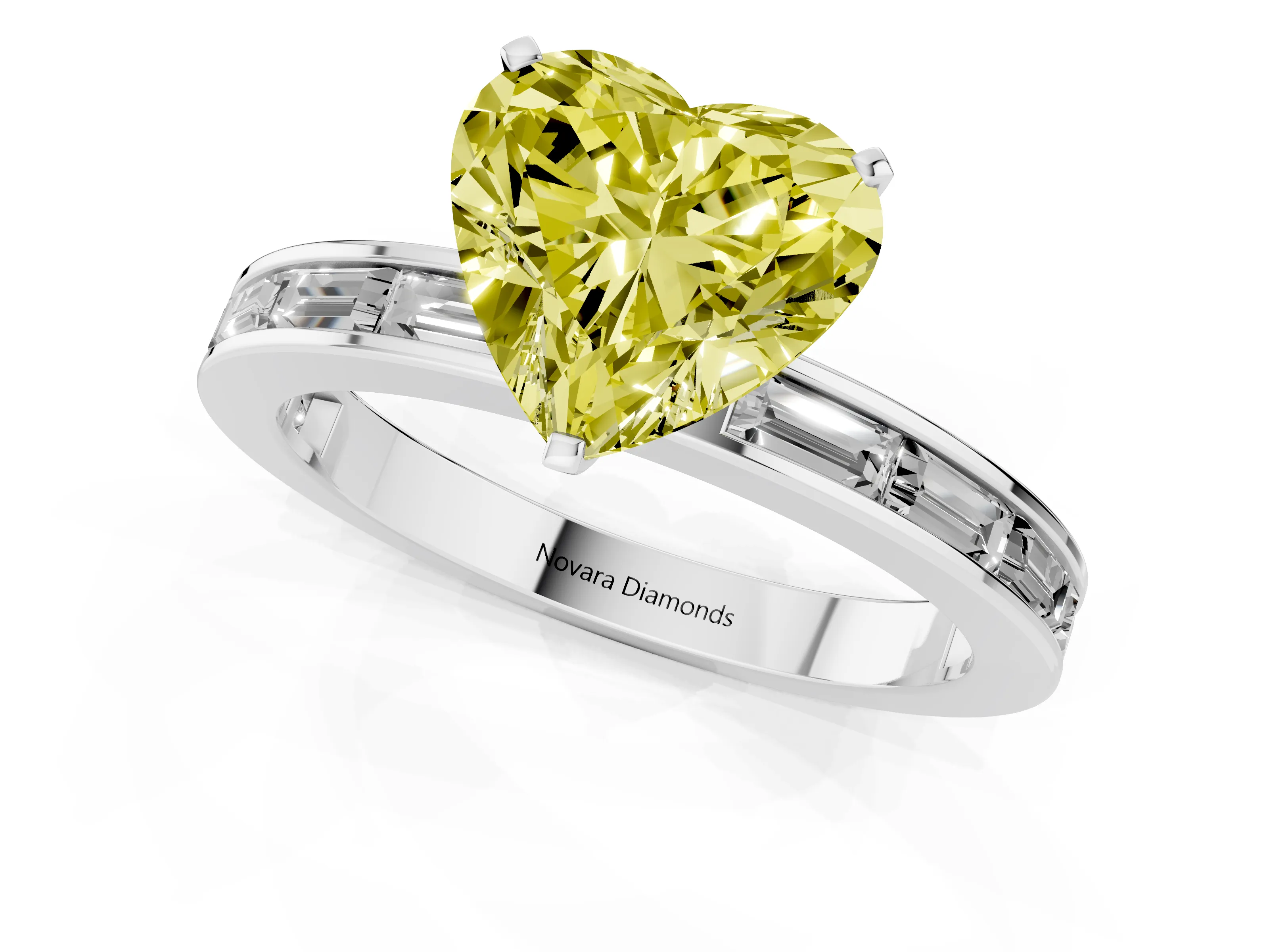 Fancy Yellow Heart Cut Diamond Solitaire Ring Set in White gold with Channel-Set Baguette Band and Prong Setting