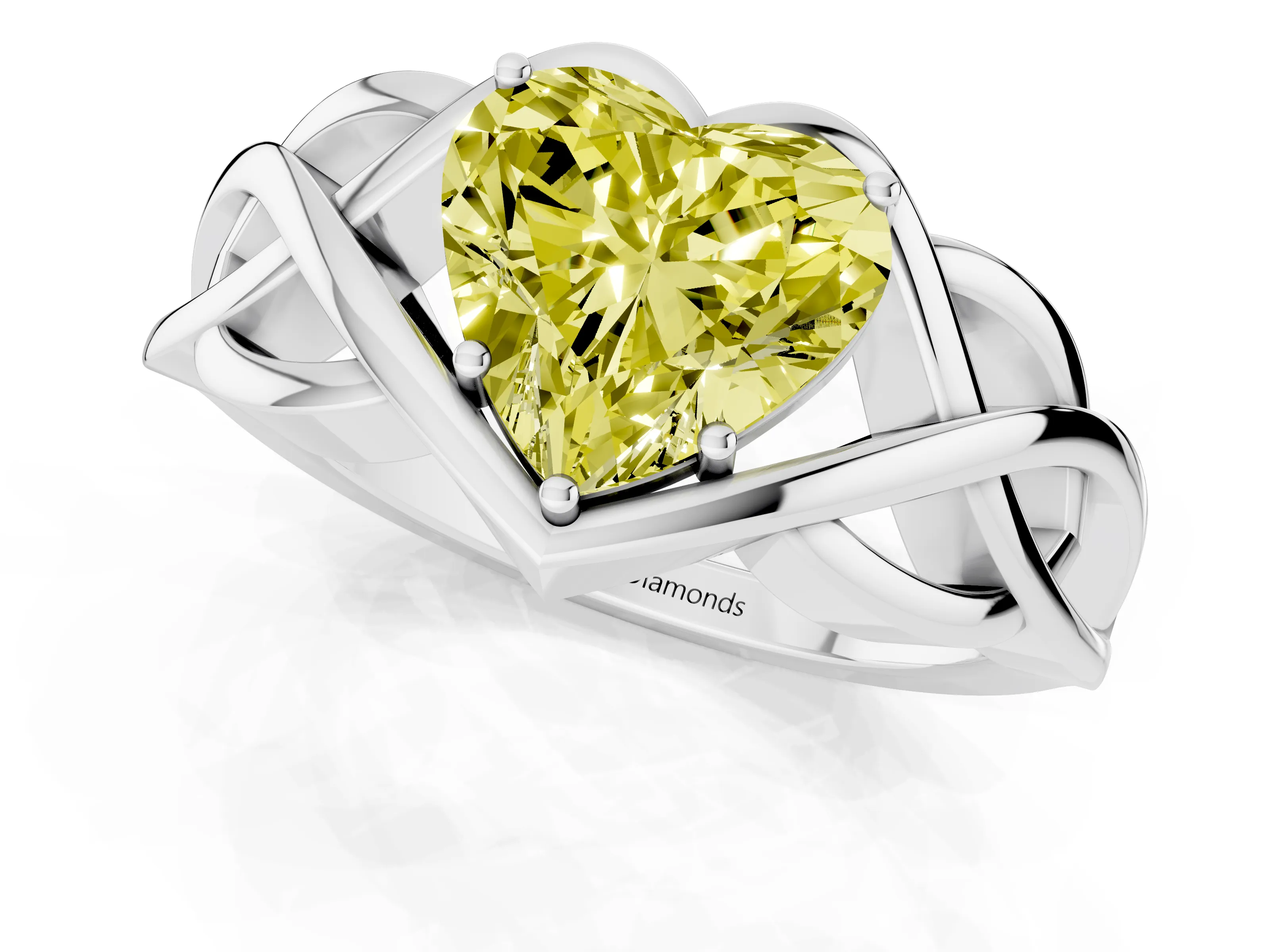 Fancy Yellow Heart Cut Diamond Solitaire Ring Set in White gold with Intertwined Band