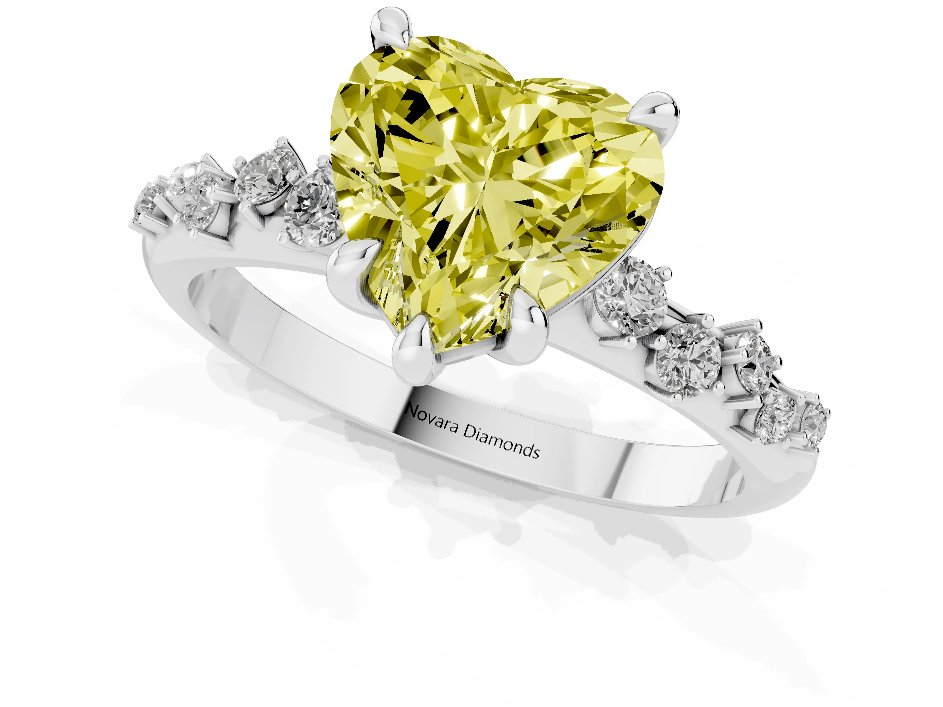 Fancy Yellow Heart Cut Diamond Solitaire Vine Band Ring Set in Platinum with Round Accents and Prong Setting – second view