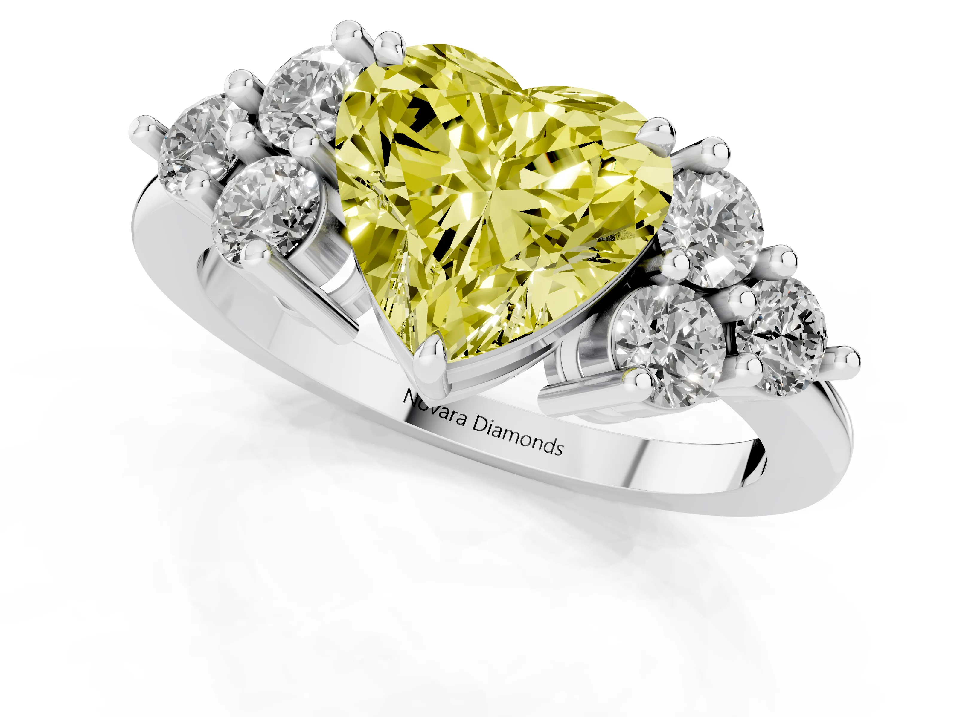 Fancy Yellow Heart Cut Diamond Solitaire Ring Set in Platinum with Cluster Accents on Each Side – second view