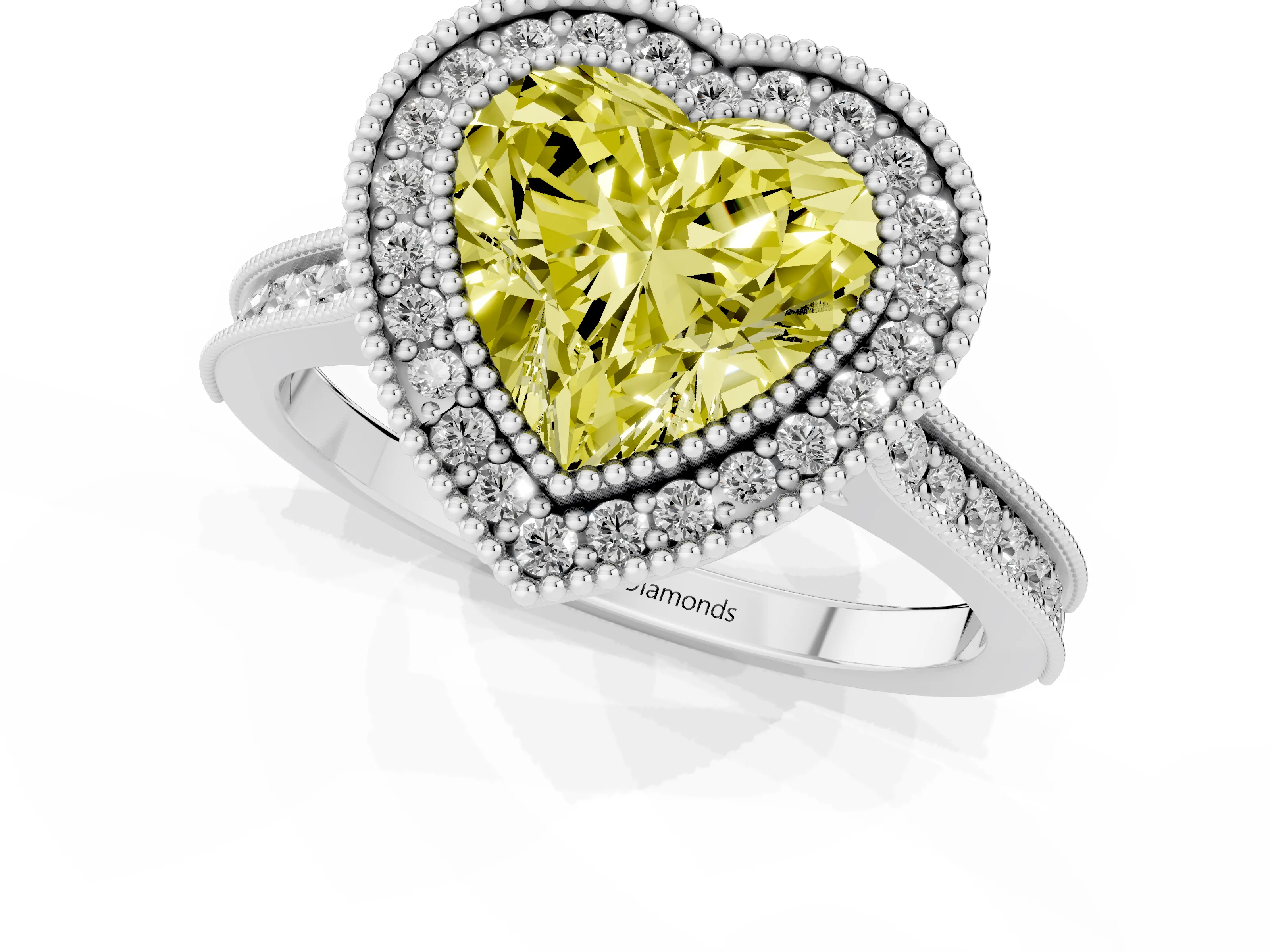 Fancy Yellow Heart Cut Diamond Halo Milgrain Pavé Band Ring Set in Platinum with Prong Setting