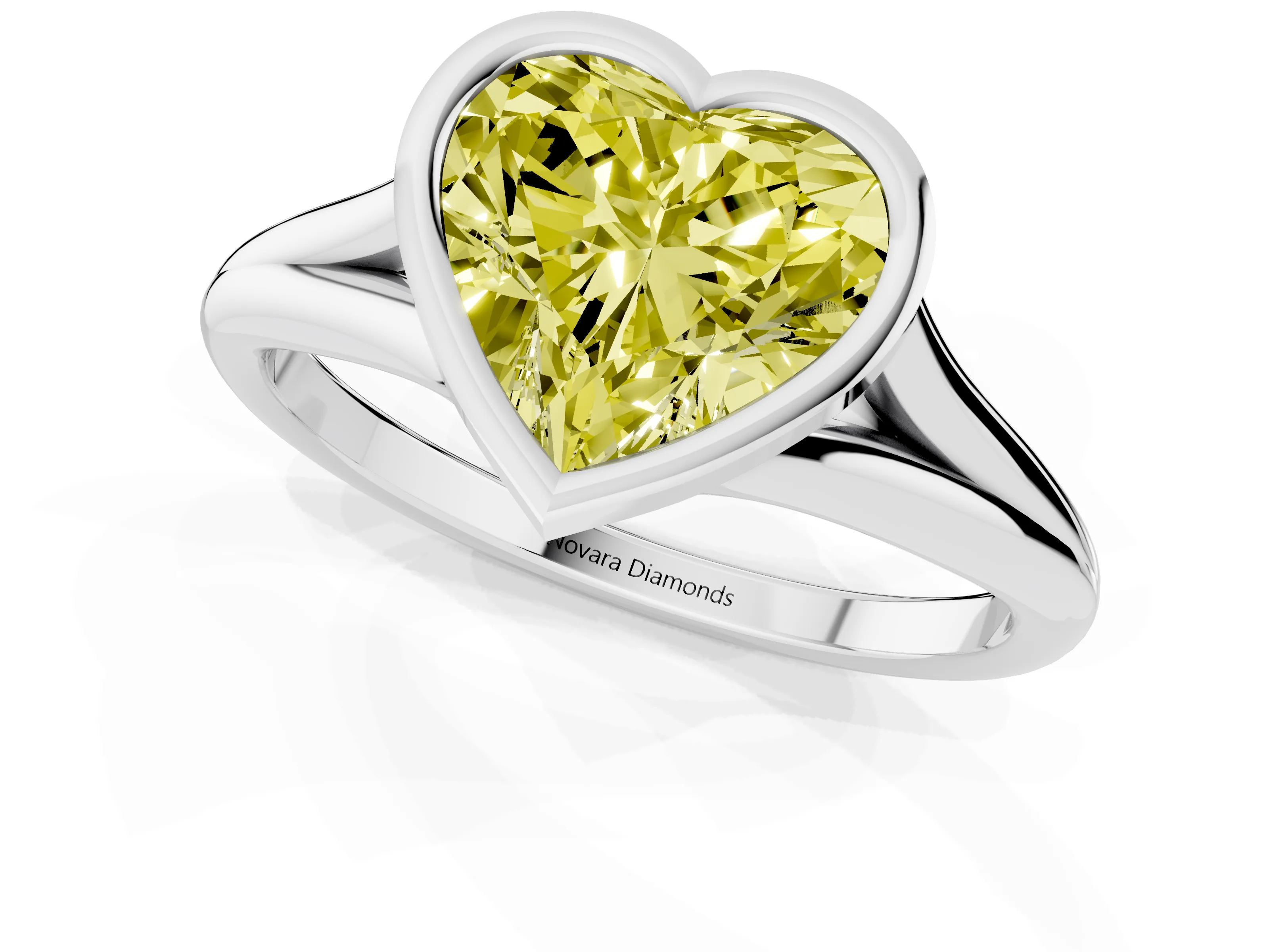 Fancy Yellow Bezel Set Heart Cut Diamond Solitaire Ring Set in Platinum with Tapered Band