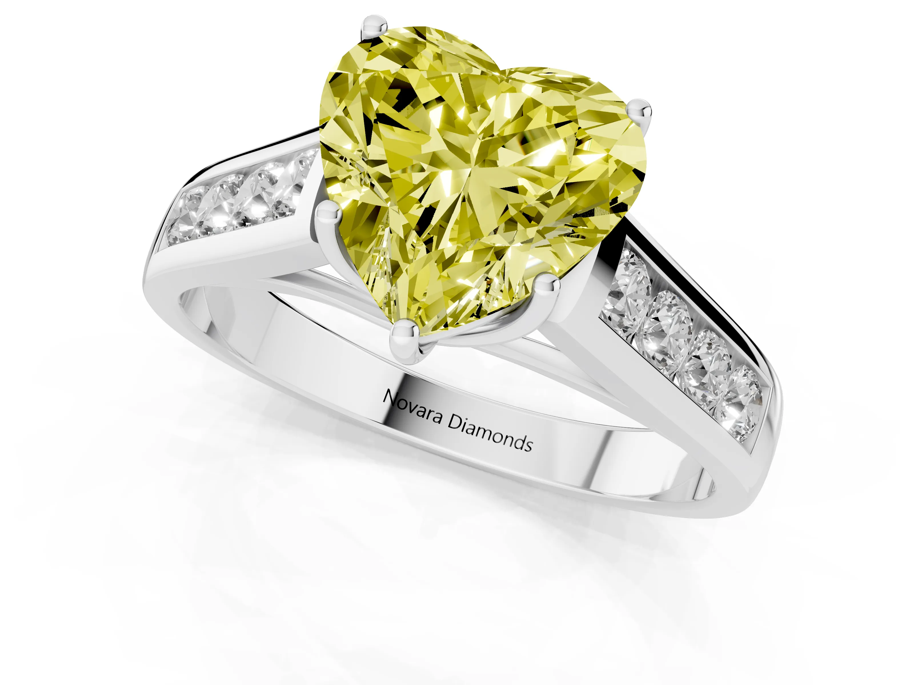 Fancy Yellow Heart Cut Diamond Solitaire Channel-Set Engagement Ring Set in Platinum with Prong Setting