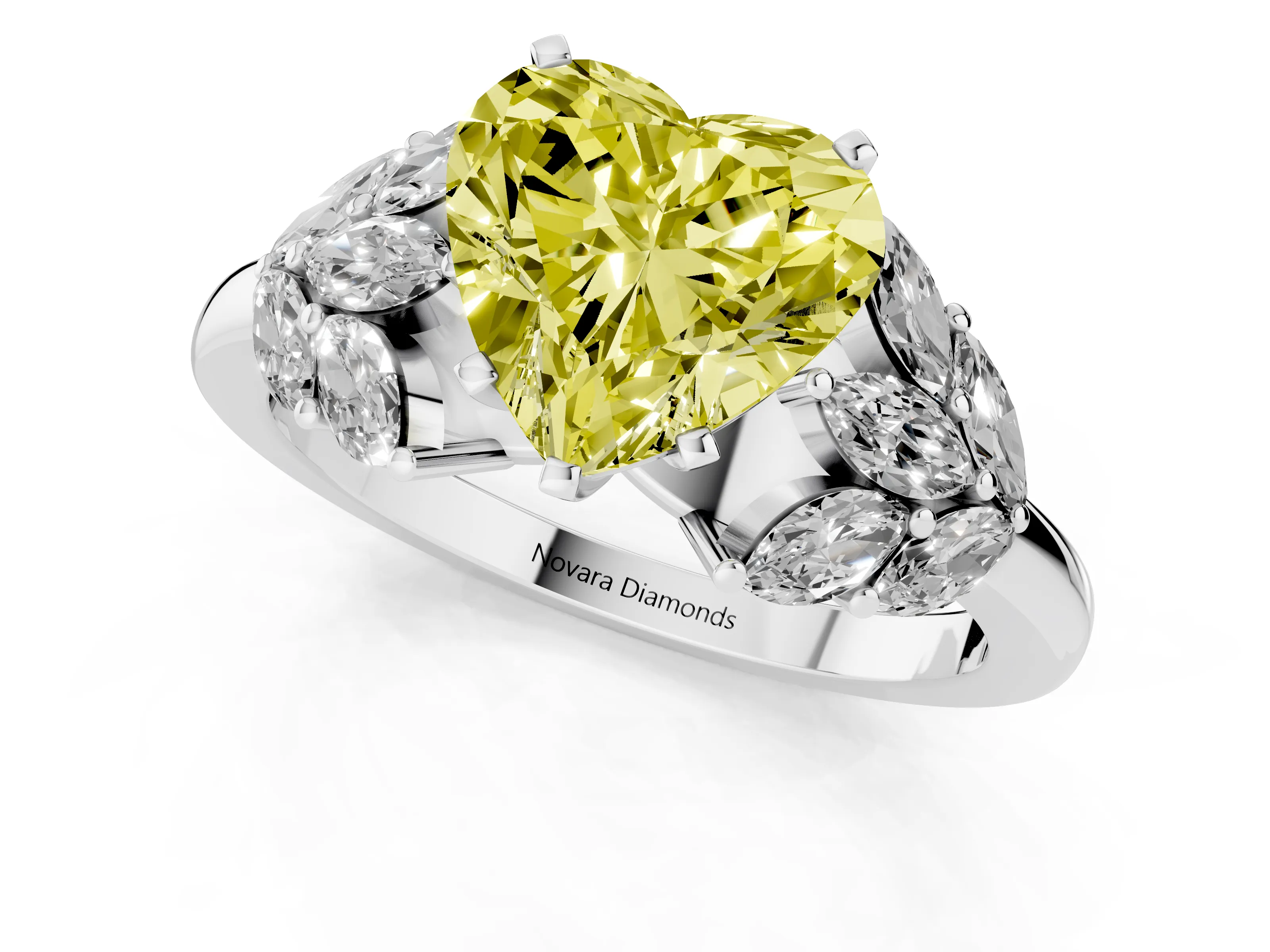 Fancy Yellow Heart Cut Diamond Cluster Leaf Design Ring Set in Silver with Prong Setting