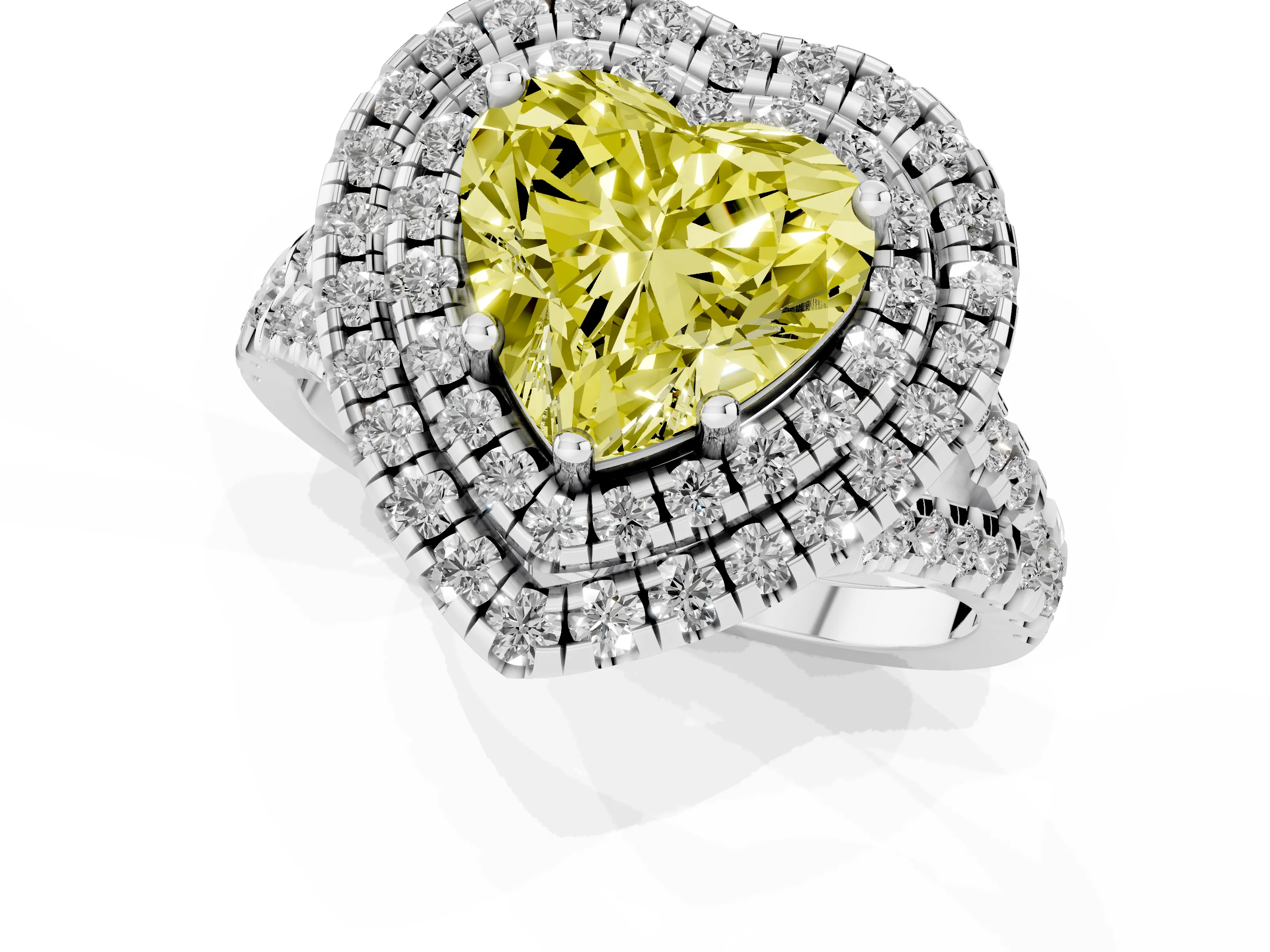 Fancy Yellow Heart Cut Diamond Double Halo Ring Set in Platinum with Pavé Split Shank and Prong Setting