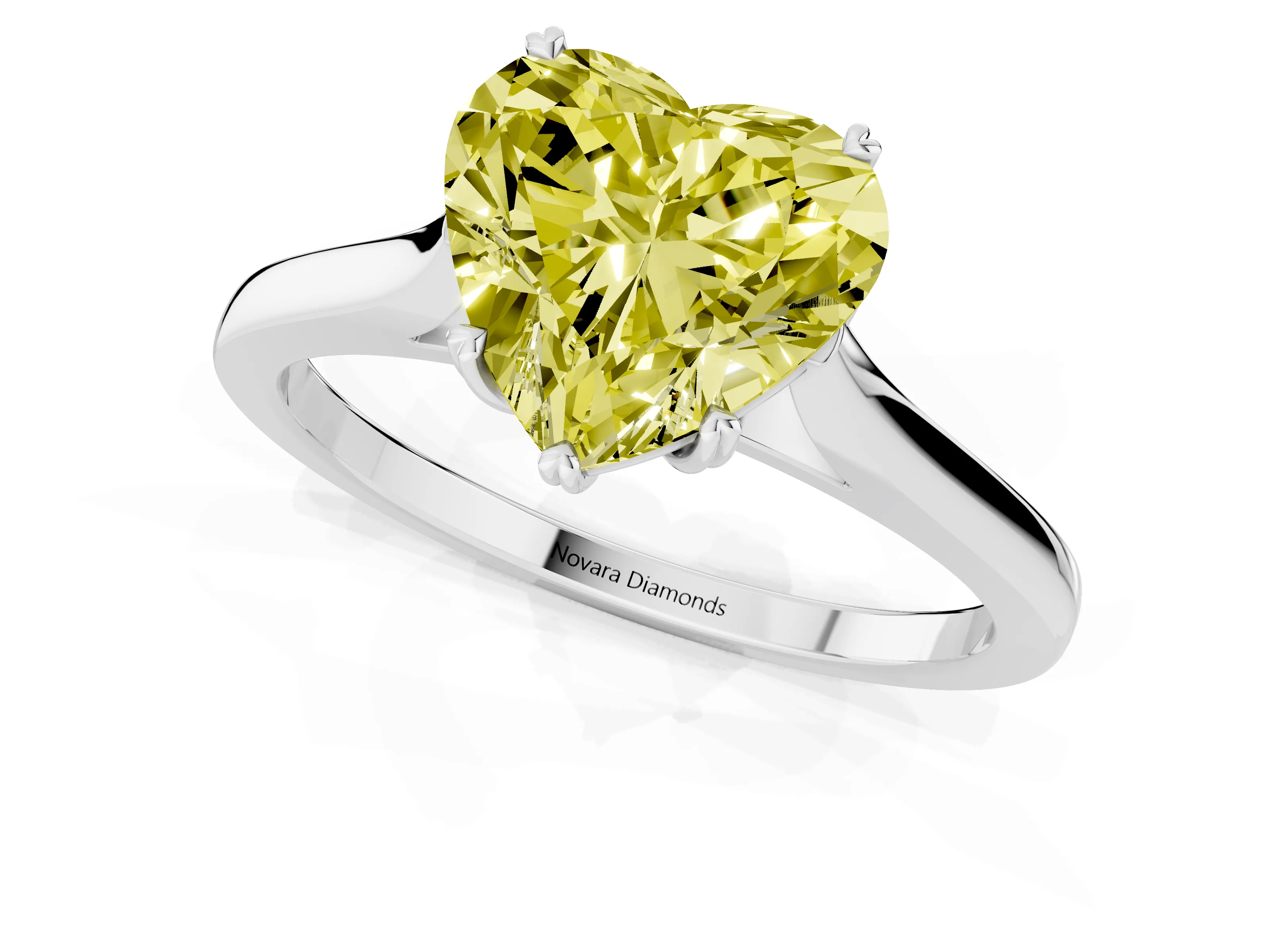 Fancy Yellow Heart Cut Diamond Solitaire Heart Prong Engagement Ring Set in Silver with Tapered Band