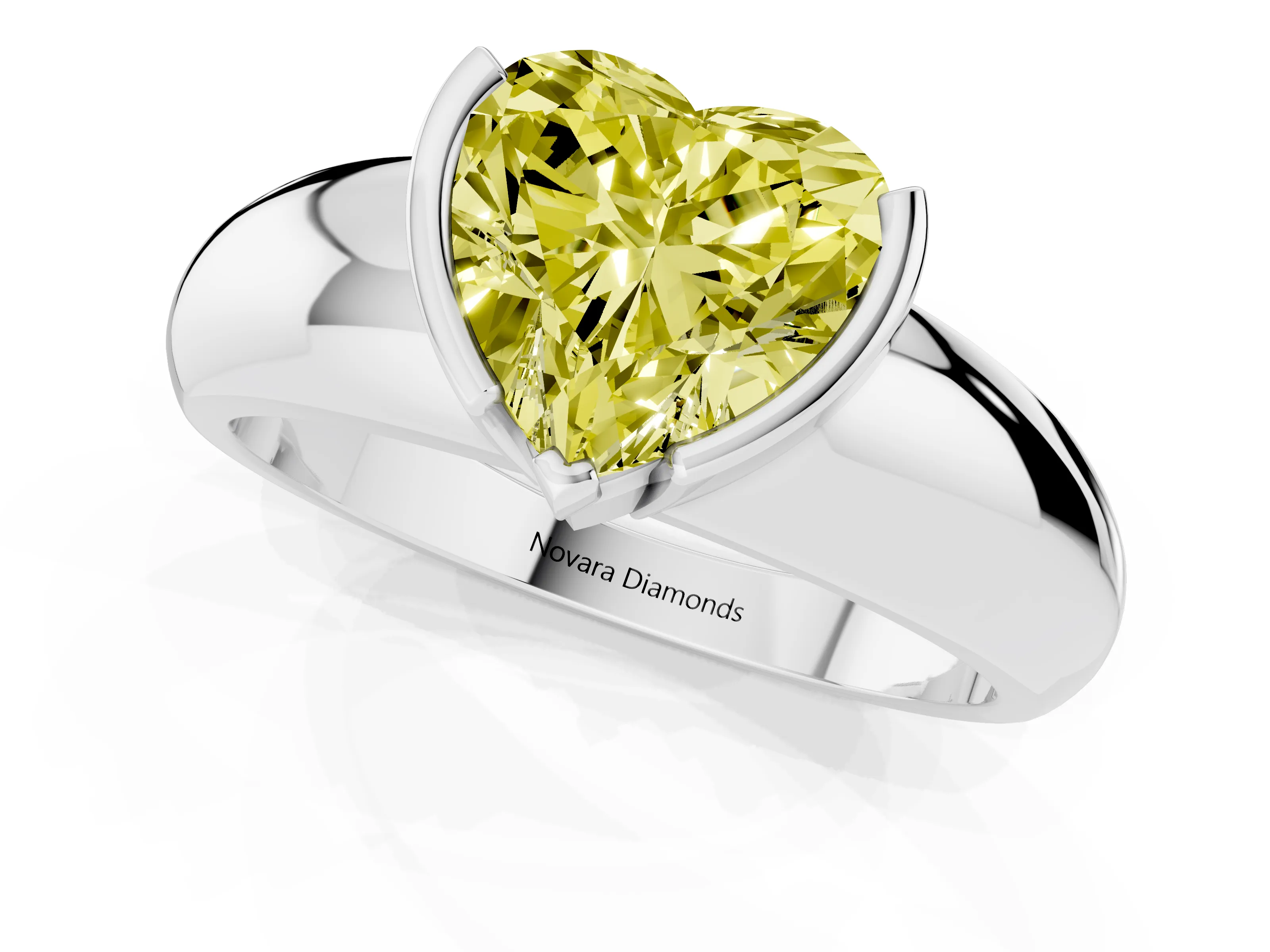 Fancy Yellow Heart Cut Diamond Solitaire Tension Set Ring Set in White gold with Wide Band